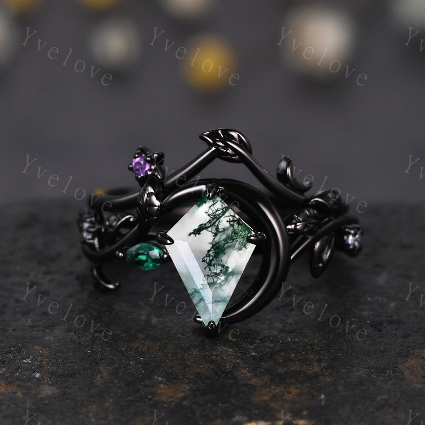 Crescent Moon Ring Vintage Kite Moss Agate Engagement Ring,Black Gold Band,Art Deco Leaf Amethyst Emerald Ring,Women Bridal Set,Promise Gift