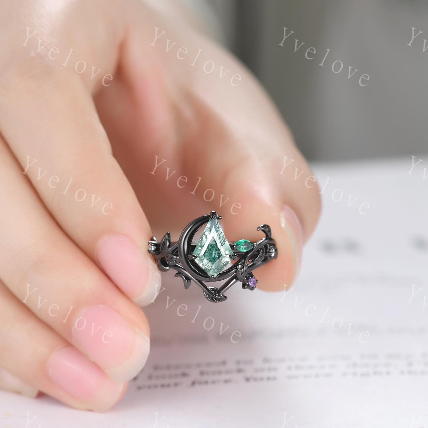 Kite Cut Moss Agate Engagement Ring,14k Black Gold Ring,Art Deco Leaf Branch Emerald Ring,Moon Unique Bridal Wedding Ring Women jewelry gift