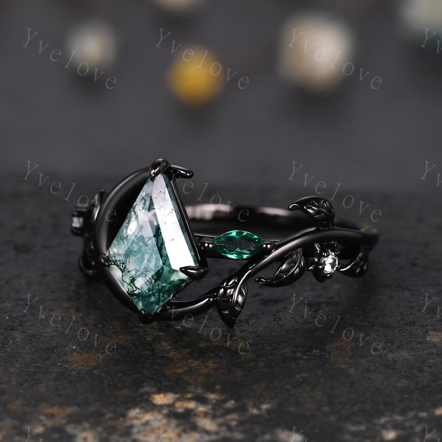 Kite Cut Moss Agate Engagement Ring,14k Black Gold Ring,Art Deco Leaf Branch Emerald Ring,Moon Unique Bridal Wedding Ring Women jewelry gift
