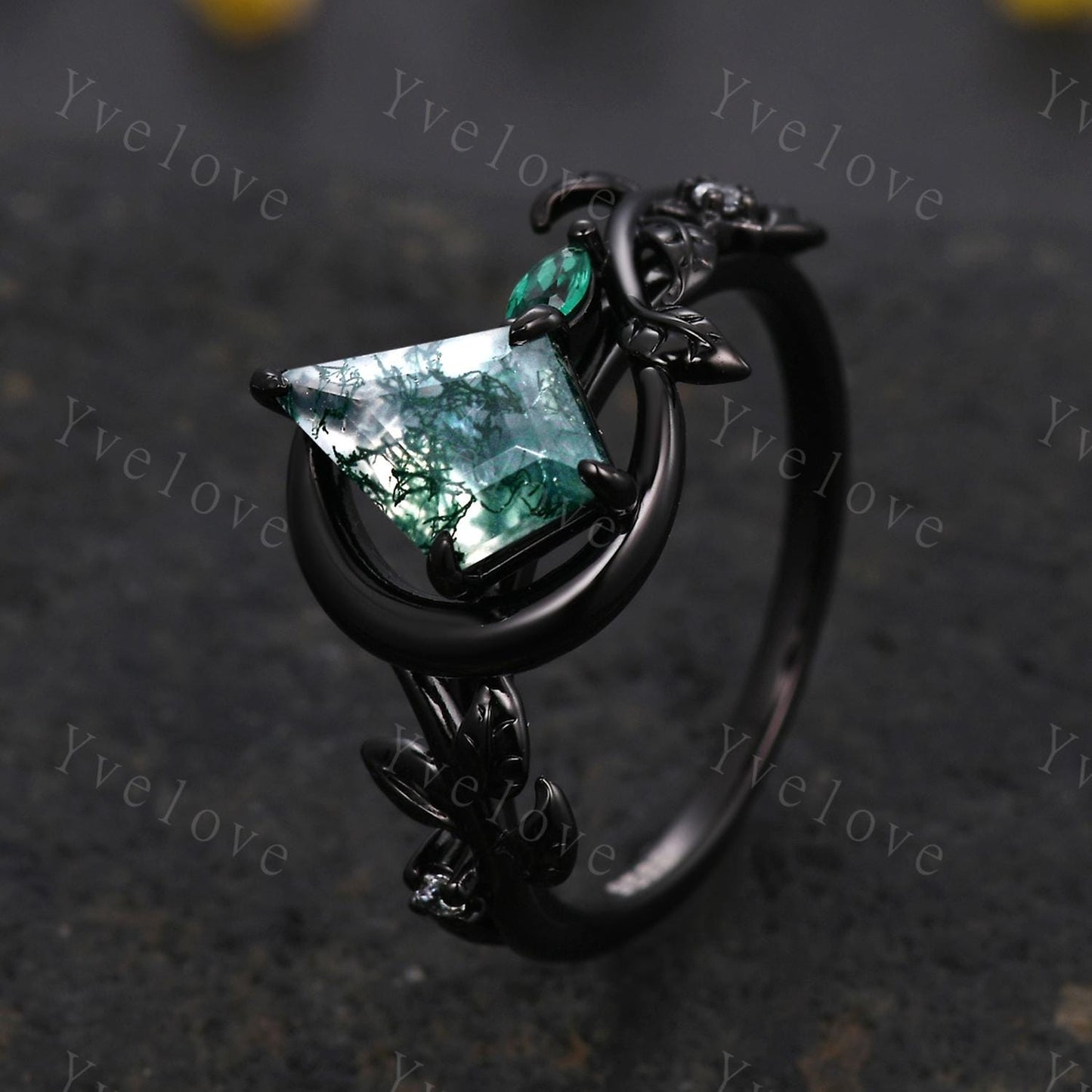 Kite Cut Moss Agate Engagement Ring,14k Black Gold Ring,Art Deco Leaf Branch Emerald Ring,Moon Unique Bridal Wedding Ring Women jewelry gift