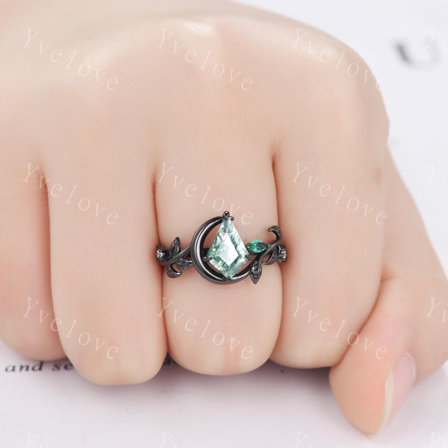 Kite Cut Moss Agate Engagement Ring,14k Black Gold Ring,Art Deco Leaf Branch Emerald Ring,Moon Unique Bridal Wedding Ring Women jewelry gift