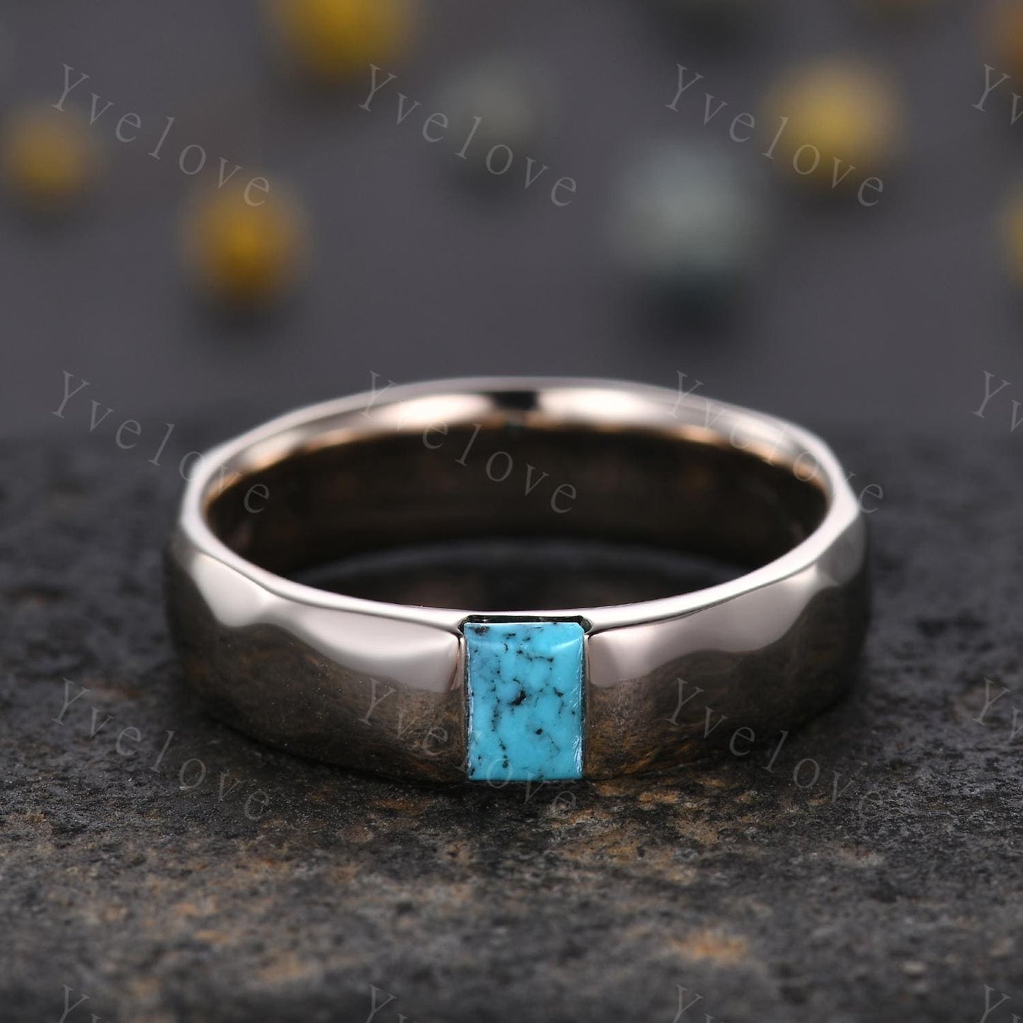 Unisex ring Baguette Turquoise Wedding Band Blue Turquoise Rose Gold Ring Unique Hammered Stackable Matching Band Retro Ring Gift For Wife