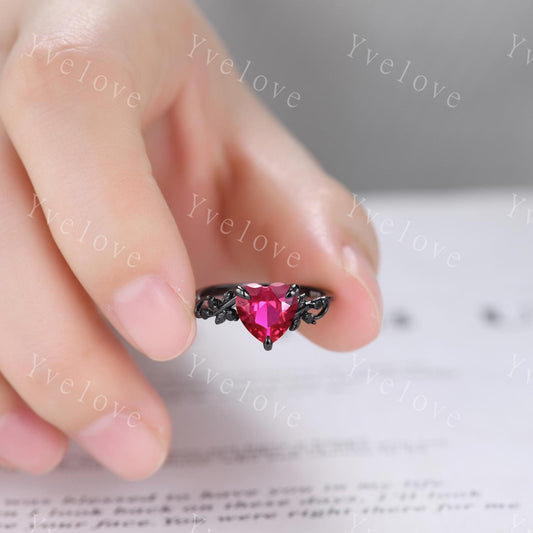 8mm Heart Shape Red Ruby Ring,Vintage Twig Vine Leaf Ring,Antique Ruby Bridal Promise Ring Natural Inspired Black Onyx Black Gold Ring Gift