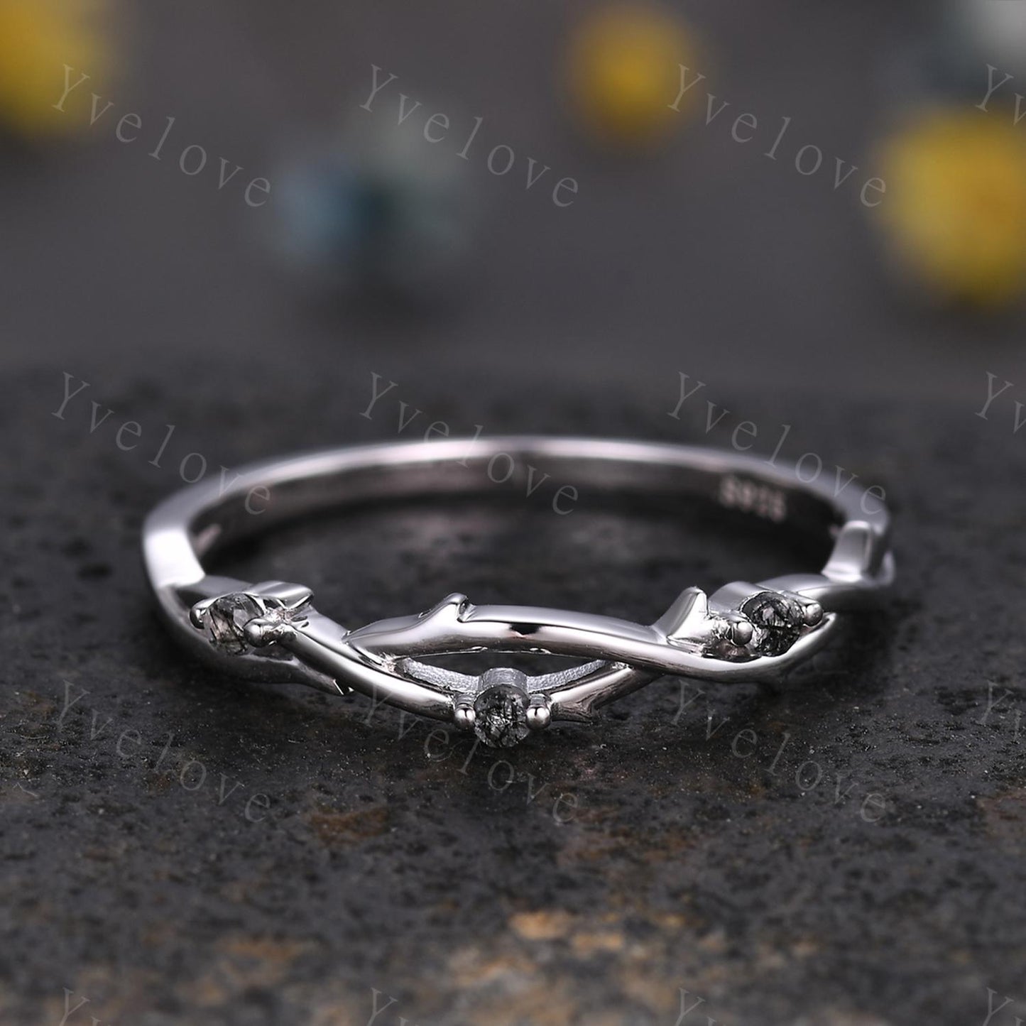 Minimalist Twig Black Rutilated Quartz Engagement Ring,Women Leaf Matching Band,Art Deco Branch Black Gem Wedding Band,Twisted Band,Silver