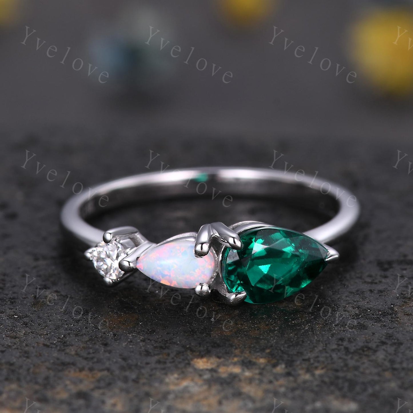 5x7mm Teardrop cut Emerald Engagement Ring,Art Deco Opal Moissanite Wedding Band,3 Stone Unique Women Bridal Promise Ring,Customized Gift
