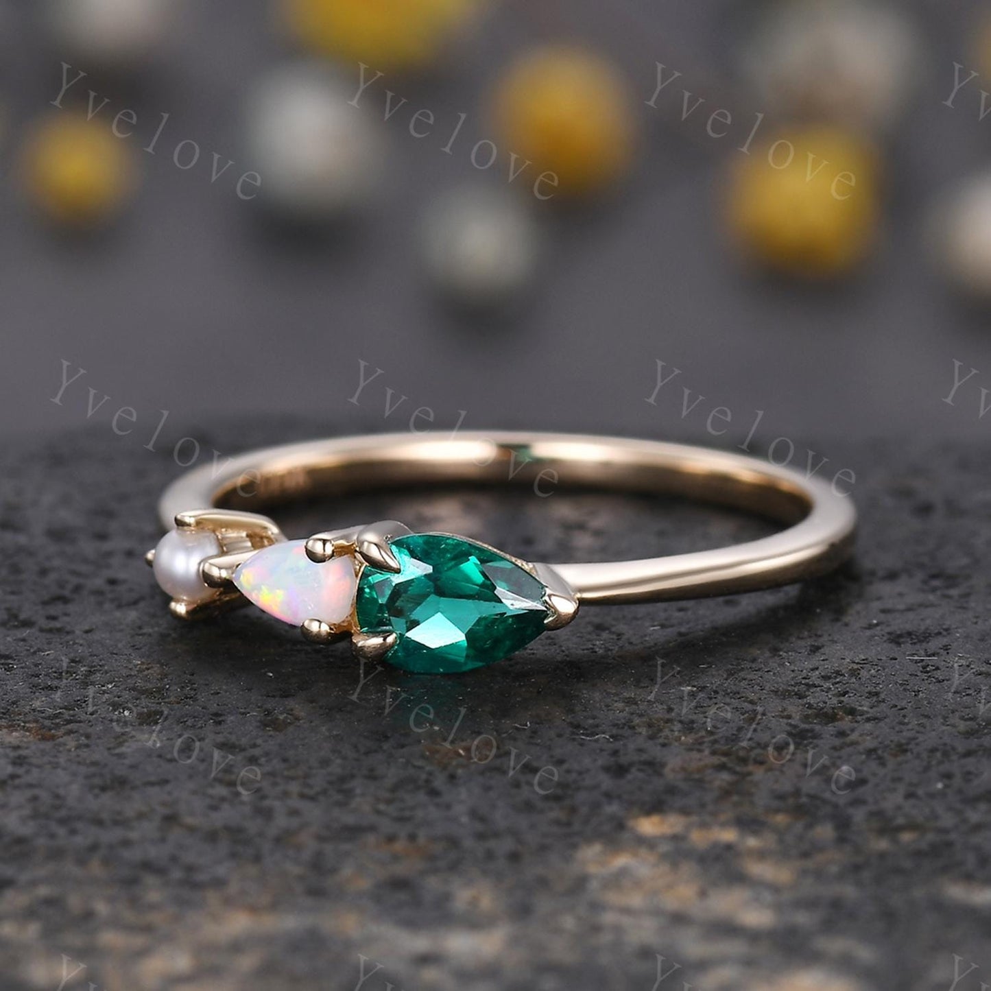 Vintage Emerald Opal Engagement Ring,Pear Cut Gems,Art Deco Pearl Wedding Band,3 Stone Unique Women Bridal Promise Ring,Gold ring,Custom