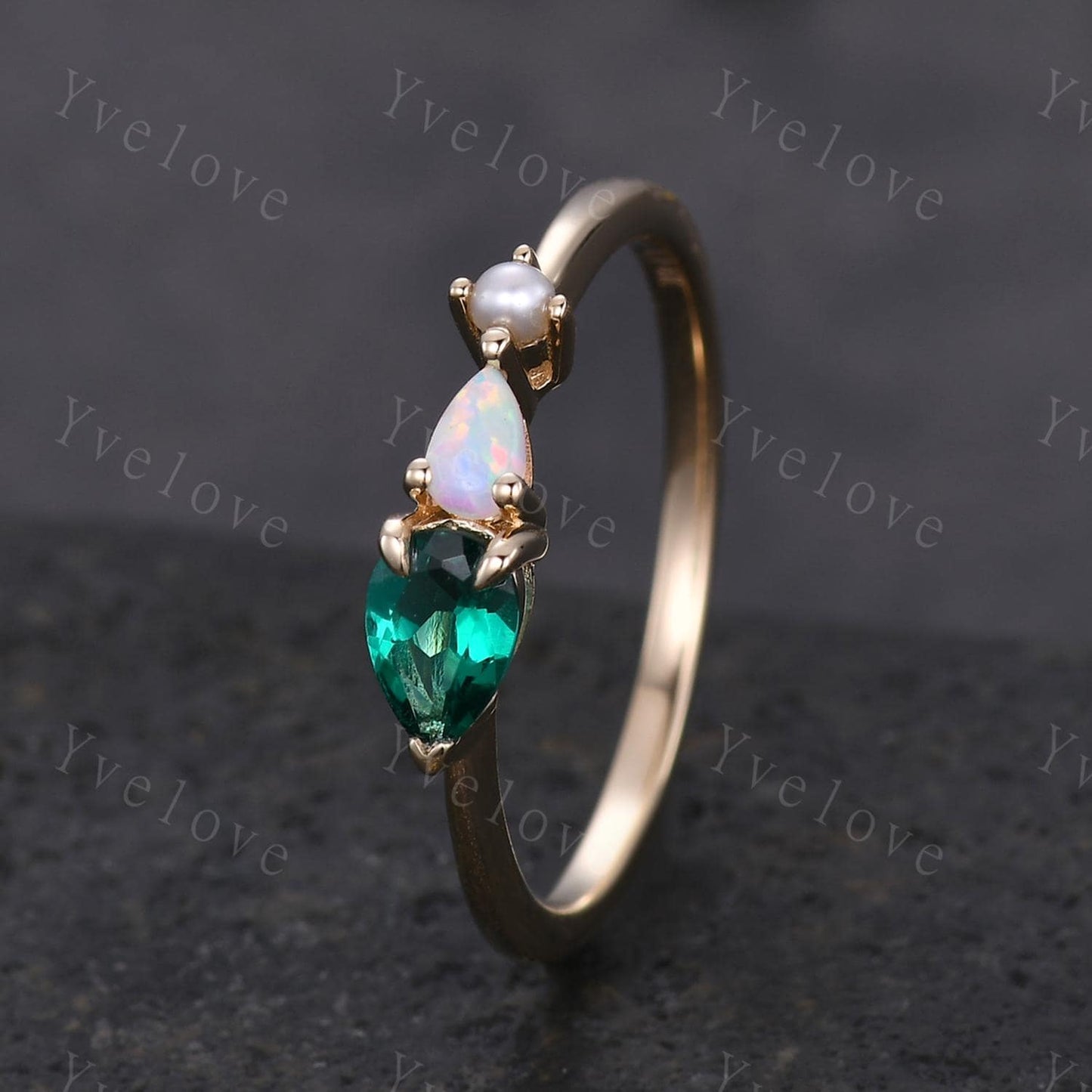 Vintage Emerald Opal Engagement Ring,Pear Cut Gems,Art Deco Pearl Wedding Band,3 Stone Unique Women Bridal Promise Ring,Gold ring,Custom