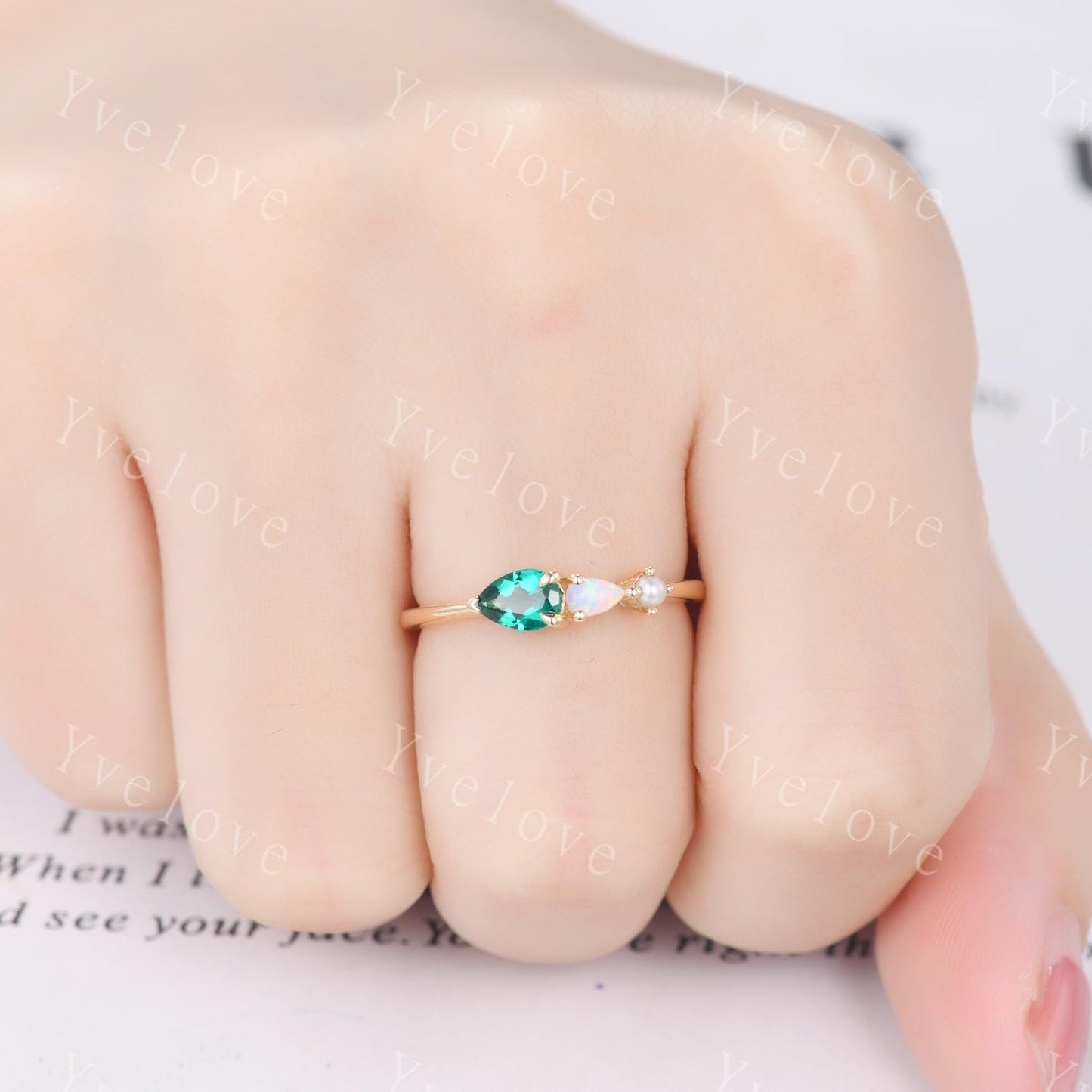 Vintage Emerald Opal Engagement Ring,Pear Cut Gems,Art Deco Pearl Wedding Band,3 Stone Unique Women Bridal Promise Ring,Gold ring,Custom