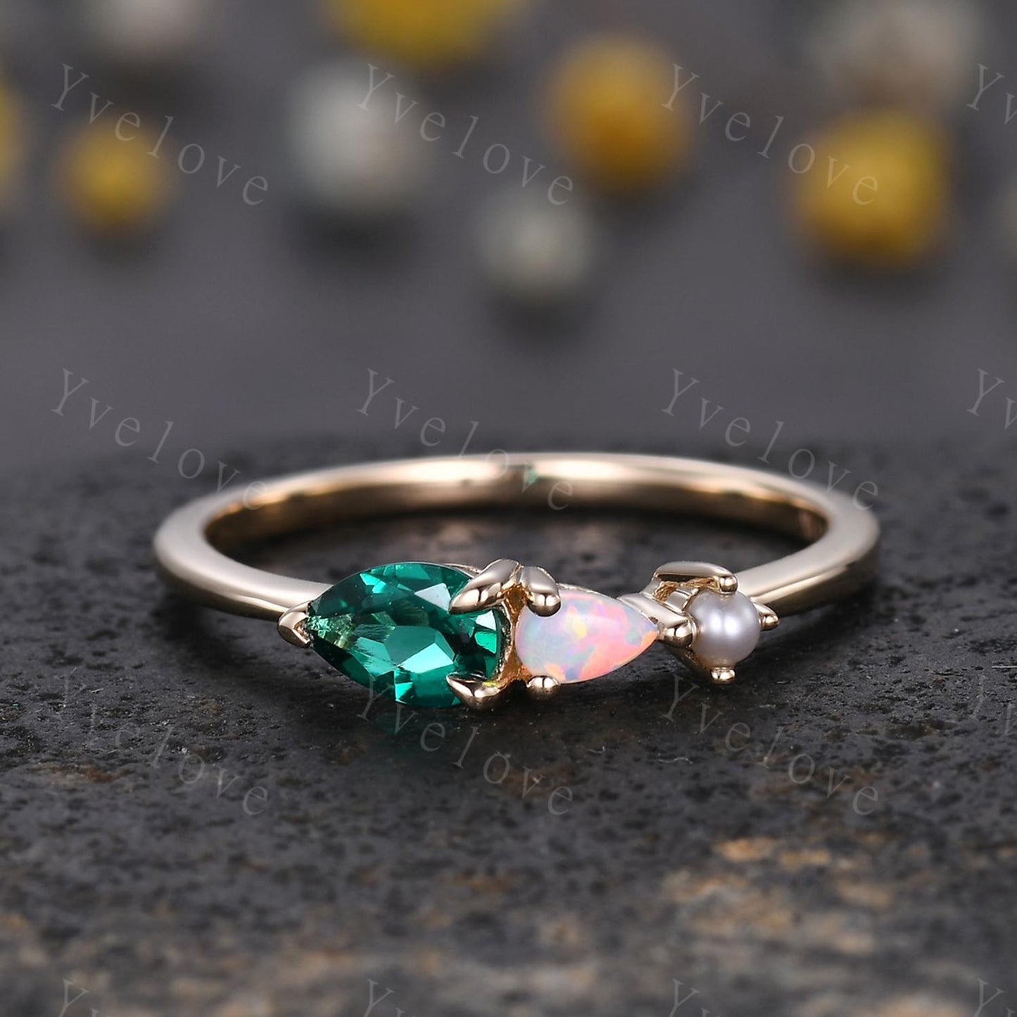 Vintage Emerald Opal Engagement Ring,Pear Cut Gems,Art Deco Pearl Wedding Band,3 Stone Unique Women Bridal Promise Ring,Gold ring,Custom