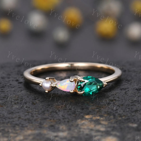 Vintage Emerald Opal Engagement Ring,Pear Cut Gems,Art Deco Pearl Wedding Band,3 Stone Unique Women Bridal Promise Ring,Gold ring,Custom