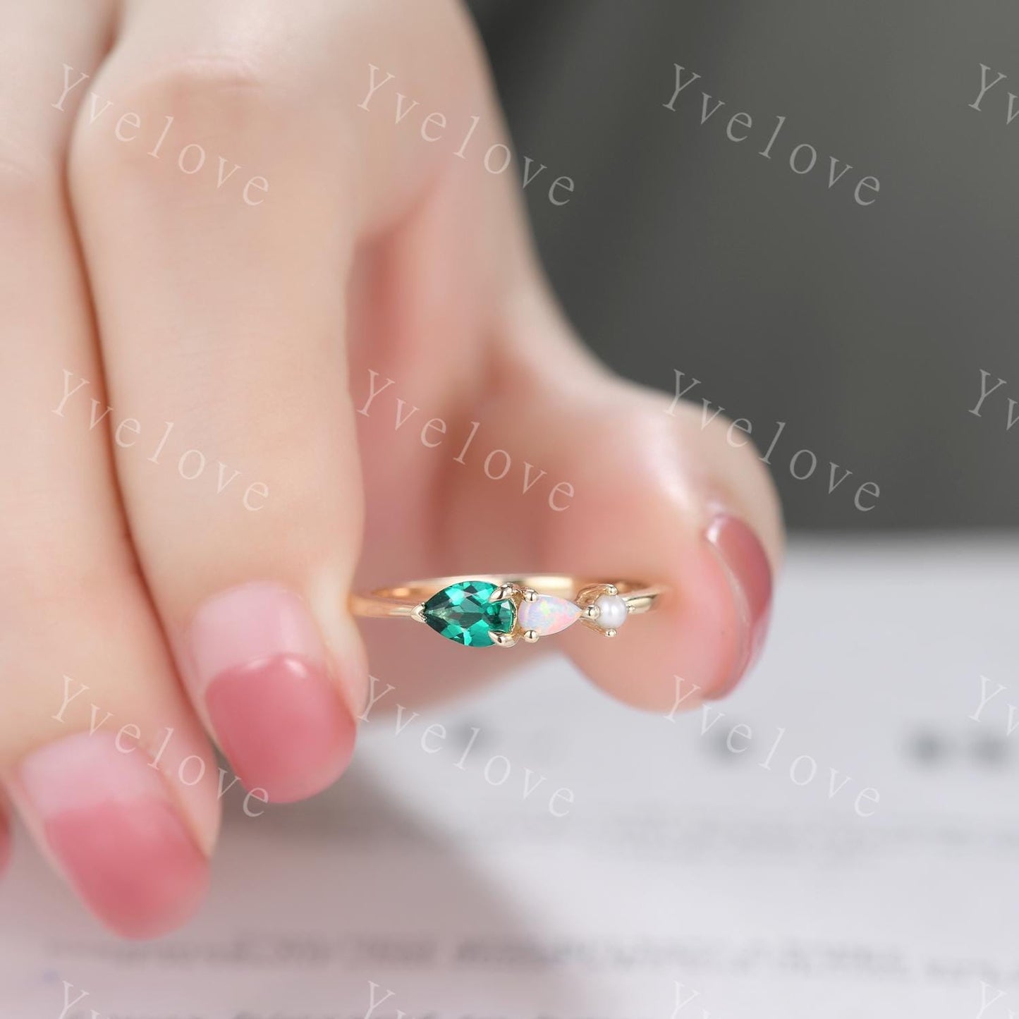 Vintage Emerald Opal Engagement Ring,Pear Cut Gems,Art Deco Pearl Wedding Band,3 Stone Unique Women Bridal Promise Ring,Gold ring,Custom