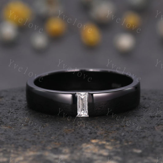 5mm Mens Moissanite Wedding Band Baguette Cut Moissanite Band Black Gold Ring Mens Smooth Band Stacking Matching Band Vintage Ring Gift