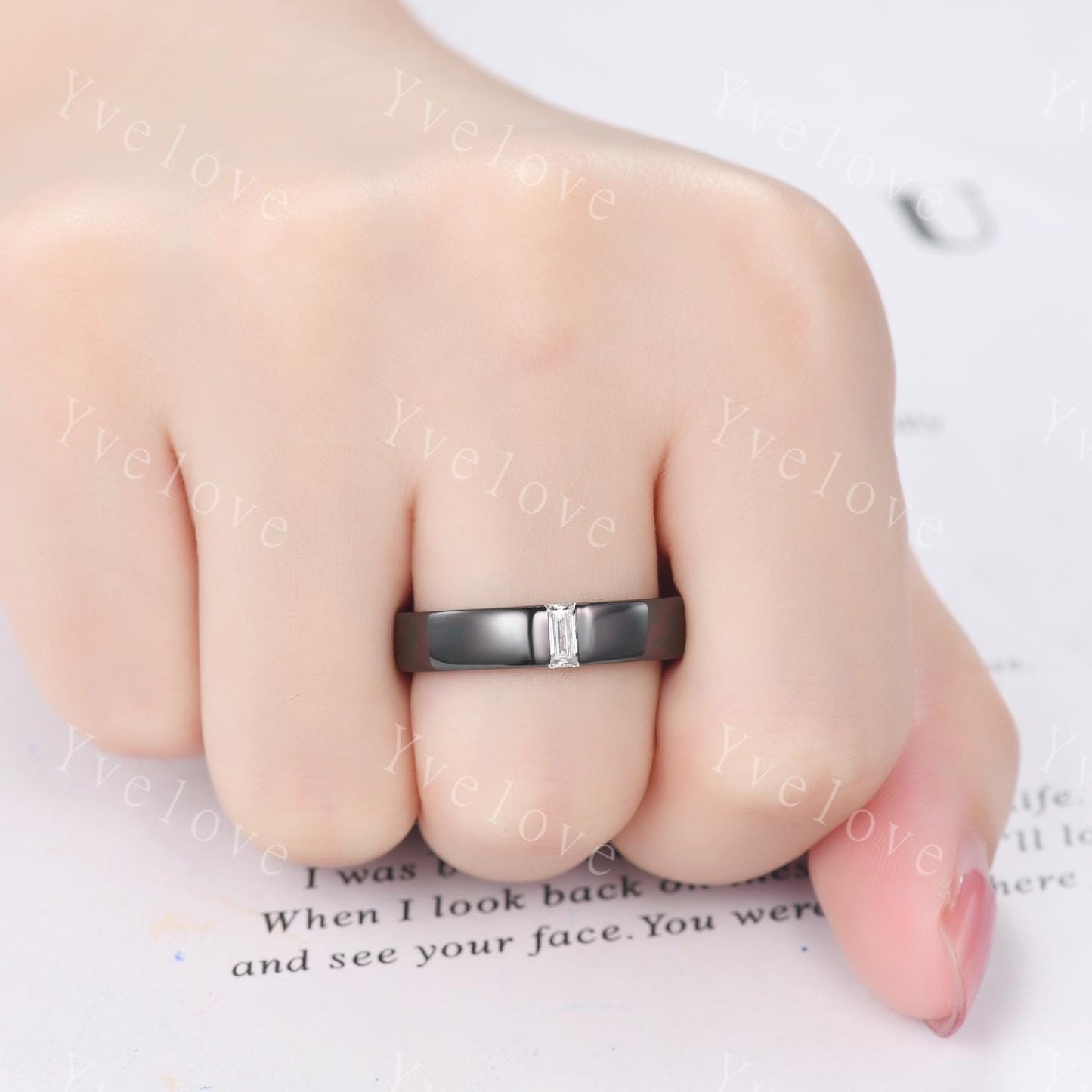 5mm Mens Moissanite Wedding Band Baguette Cut Moissanite Band Black Gold Ring Mens Smooth Band Stacking Matching Band Vintage Ring Gift
