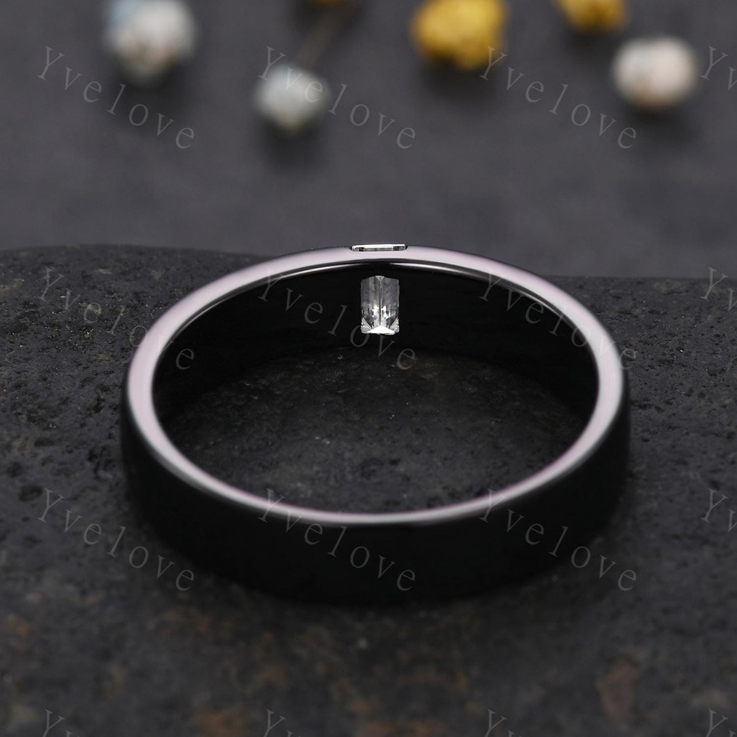 5mm Mens Moissanite Wedding Band Baguette Cut Moissanite Band Black Gold Ring Mens Smooth Band Stacking Matching Band Vintage Ring Gift