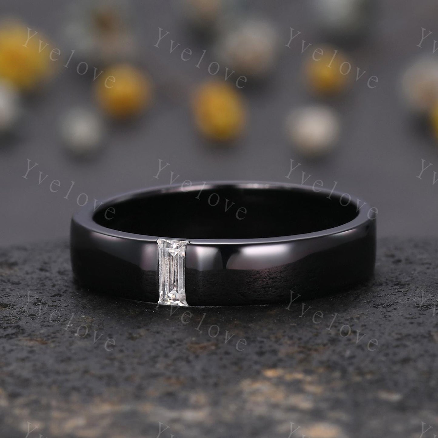 5mm Mens Moissanite Wedding Band Baguette Cut Moissanite Band Black Gold Ring Mens Smooth Band Stacking Matching Band Vintage Ring Gift
