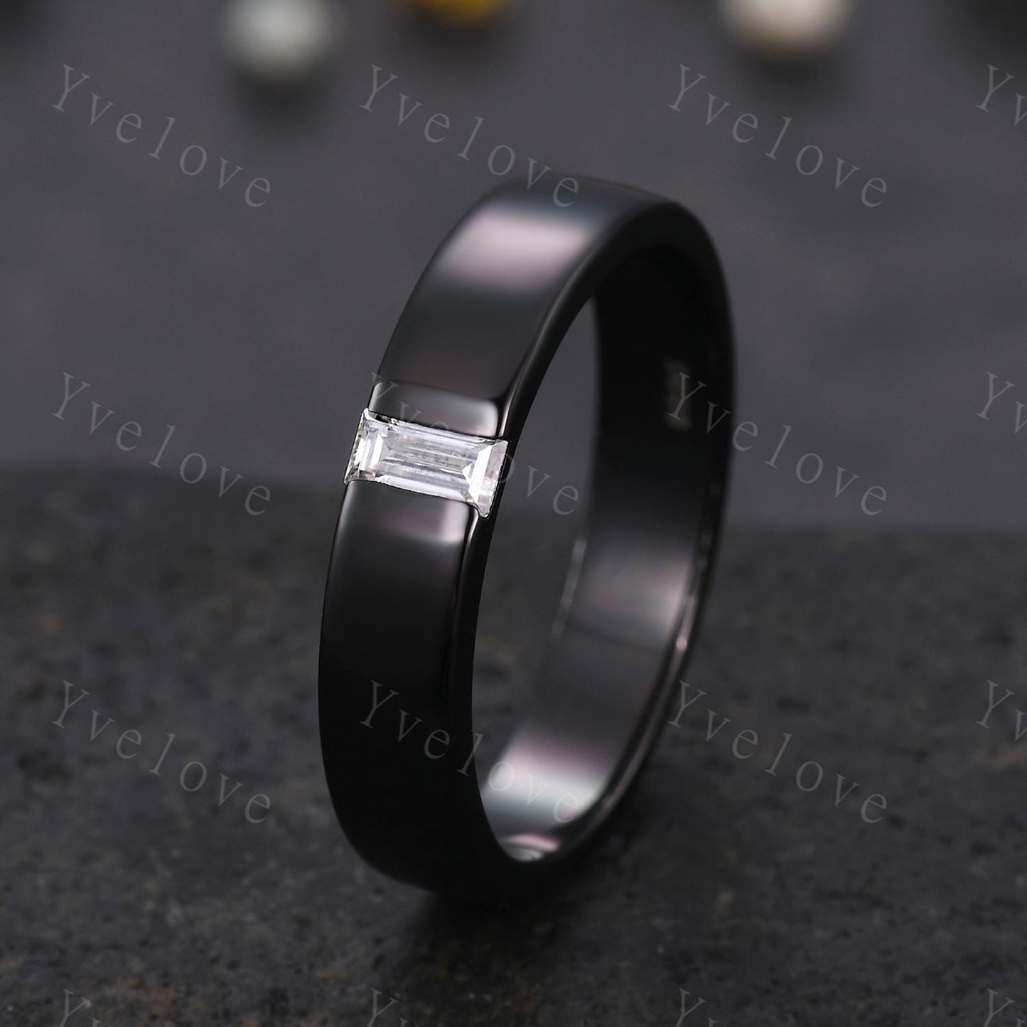 5mm Mens Moissanite Wedding Band Baguette Cut Moissanite Band Black Gold Ring Mens Smooth Band Stacking Matching Band Vintage Ring Gift