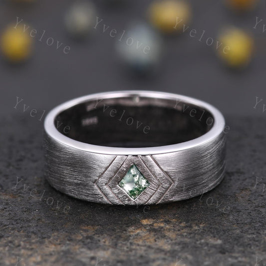 7mm Mens Kite Moss Agate Wedding Band Nature Inspired Agate Jewelry Engagement Ring Satin Texture Band Mens Stacking Band His Wedding band