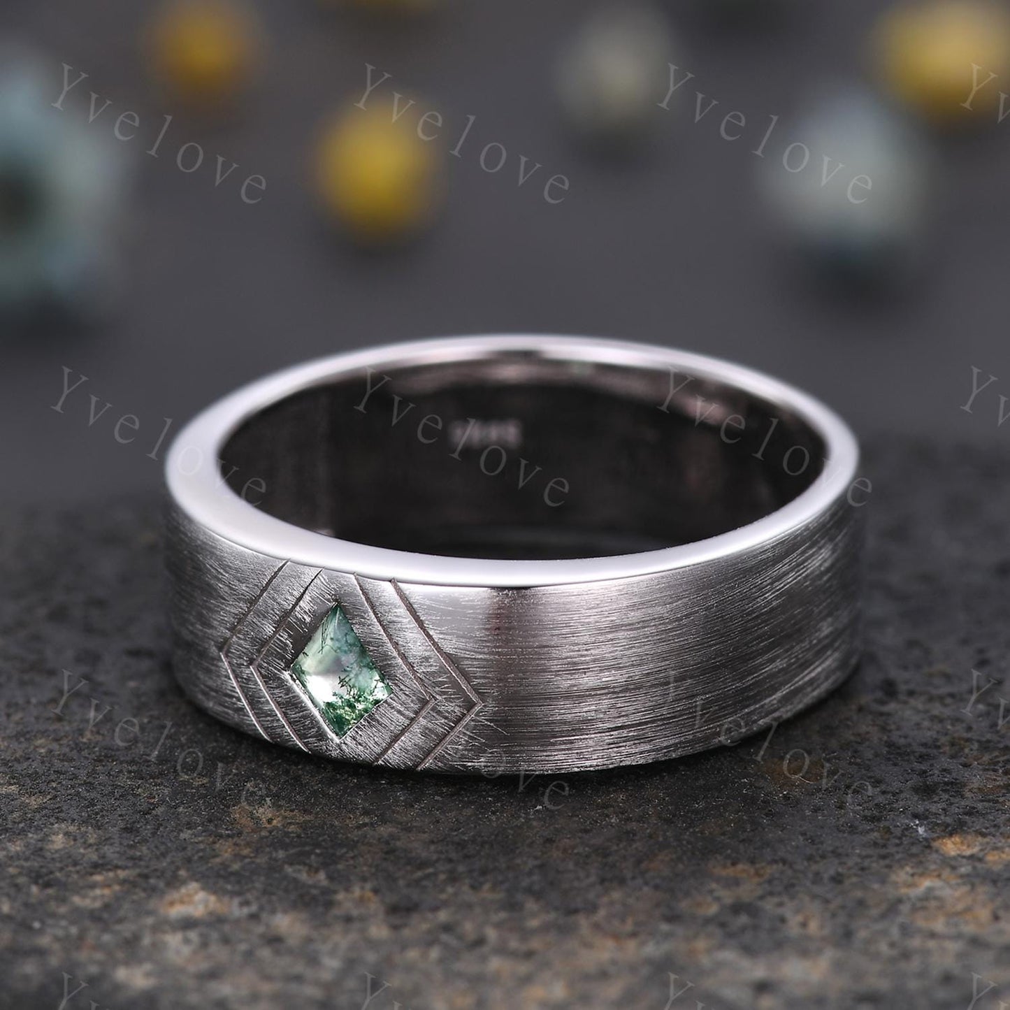7mm Mens Kite Moss Agate Wedding Band Nature Inspired Agate Jewelry Engagement Ring Satin Texture Band Mens Stacking Band His Wedding band