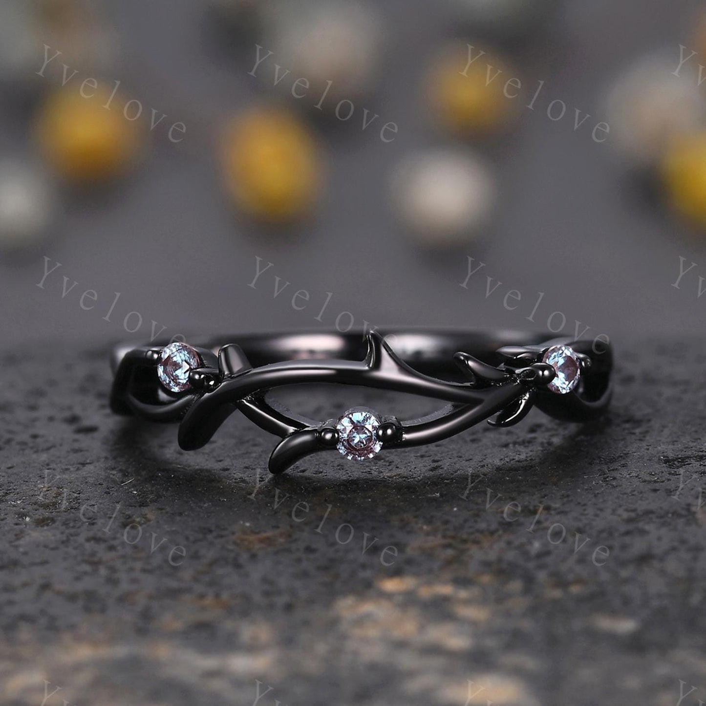 Dainty Alexandrite Engagement Ring,Twig Matching Band,Leaf Band, Wild Nature Ring Branch Wedding Band,14k Black Gold,Twisted Stacking Band