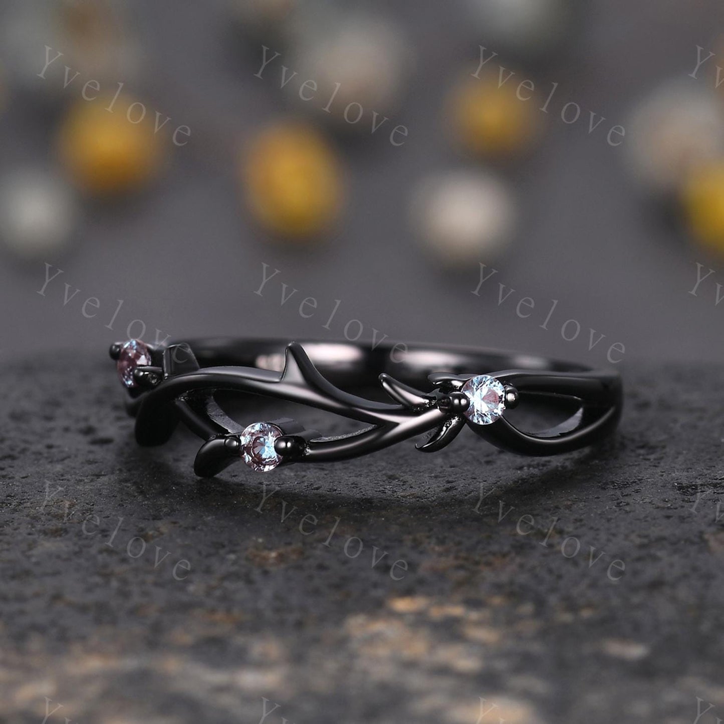 Dainty Alexandrite Engagement Ring,Twig Matching Band,Leaf Band, Wild Nature Ring Branch Wedding Band,14k Black Gold,Twisted Stacking Band