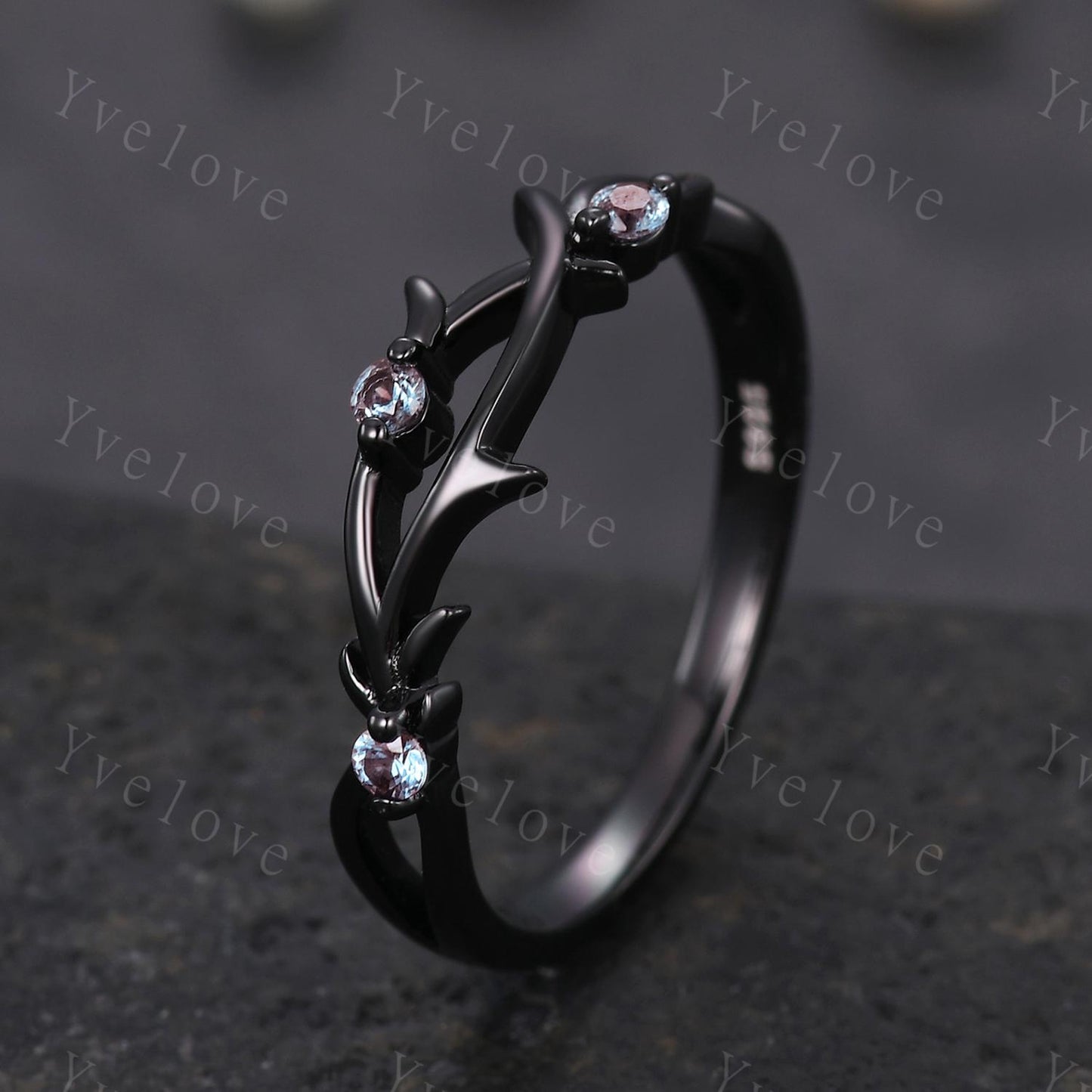 Dainty Alexandrite Engagement Ring,Twig Matching Band,Leaf Band, Wild Nature Ring Branch Wedding Band,14k Black Gold,Twisted Stacking Band