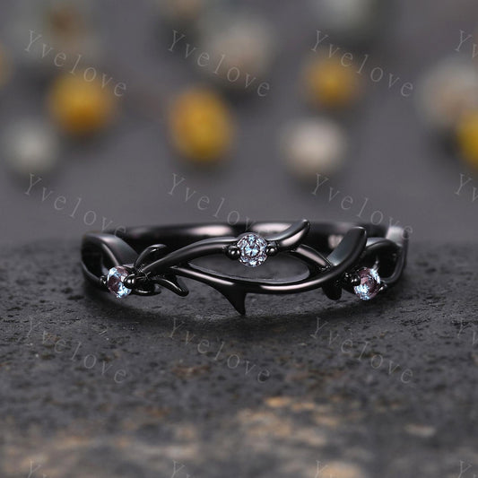 Dainty Alexandrite Engagement Ring,Twig Matching Band,Leaf Band, Wild Nature Ring Branch Wedding Band,14k Black Gold,Twisted Stacking Band