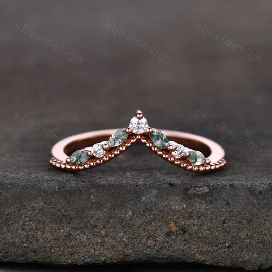 Curved Moss Agate wedding band rose gold wedding band Unique art deco moissanite stacking band Anniversary ring Women gift