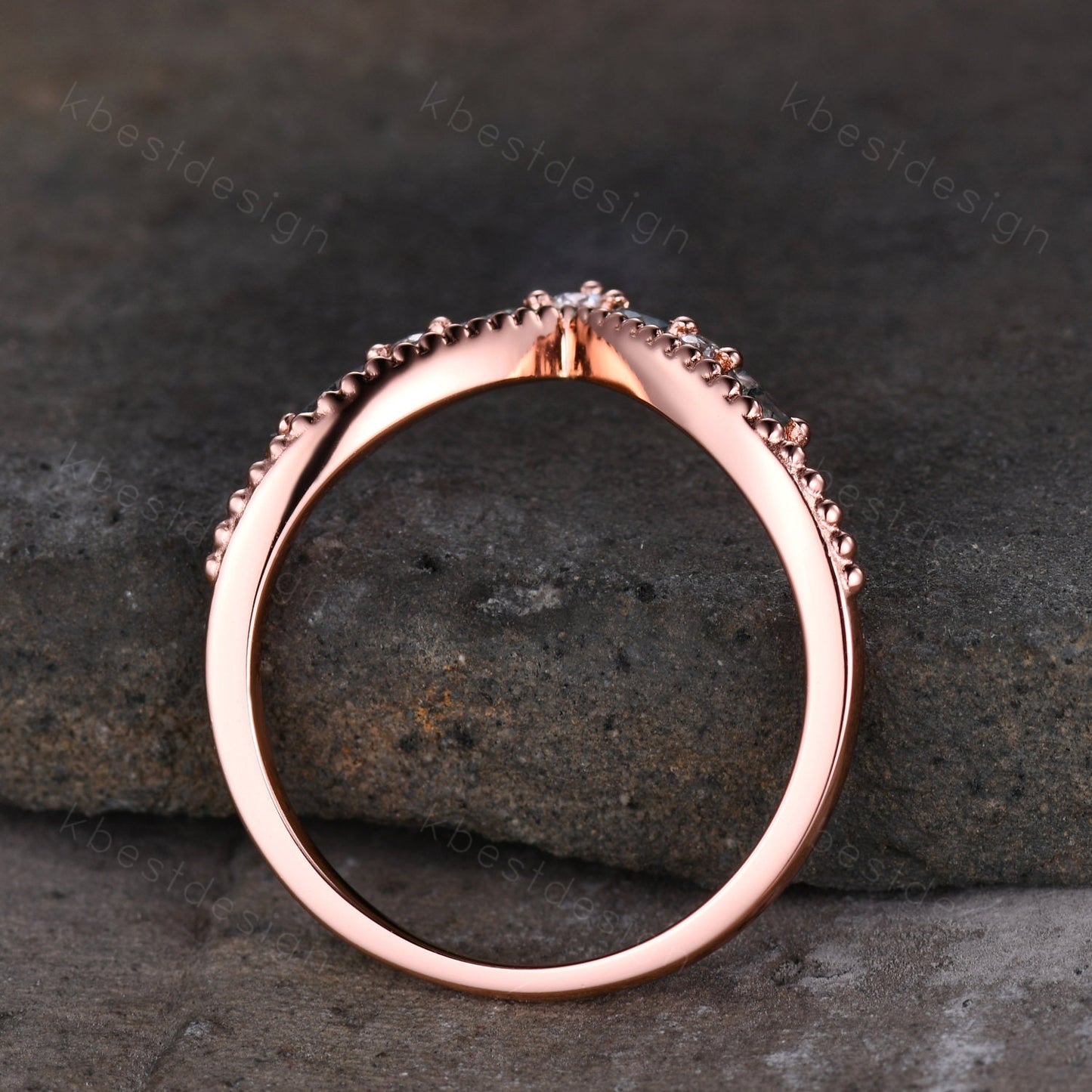 Curved Moss Agate wedding band rose gold wedding band Unique art deco moissanite stacking band Anniversary ring Women gift