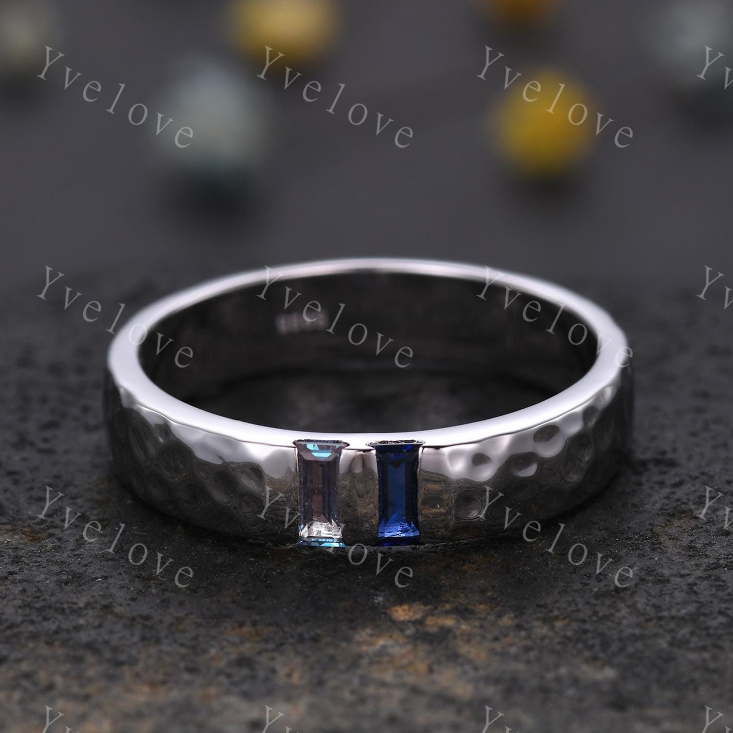 Mens Alexandrite Sapphire Wedding Band Baguette Cut Alexandrite Sapphire Ring Silver Ring Hammered Stacking Matching Band Retro Vintage Gift