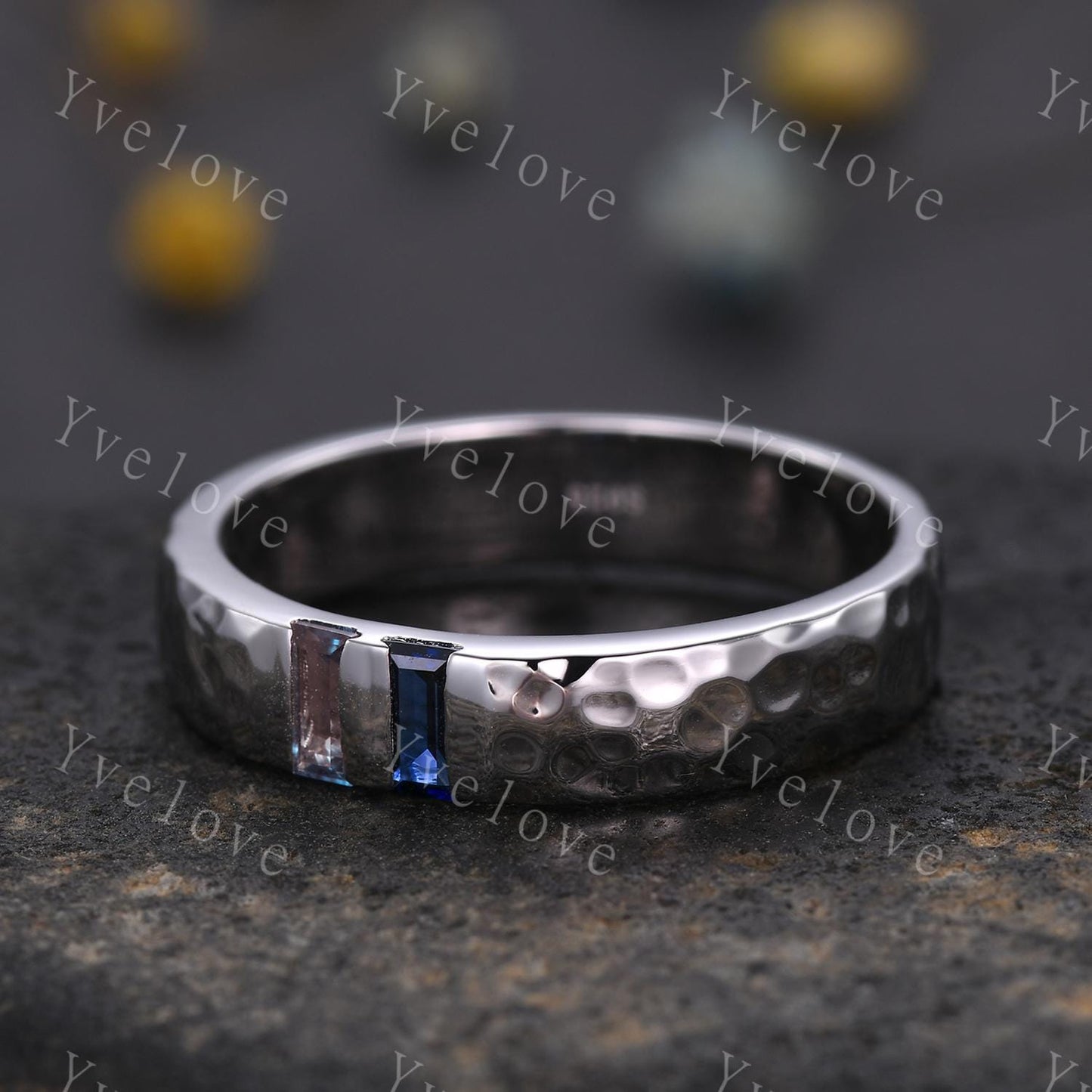 Mens Alexandrite Sapphire Wedding Band Baguette Cut Alexandrite Sapphire Ring Silver Ring Hammered Stacking Matching Band Retro Vintage Gift