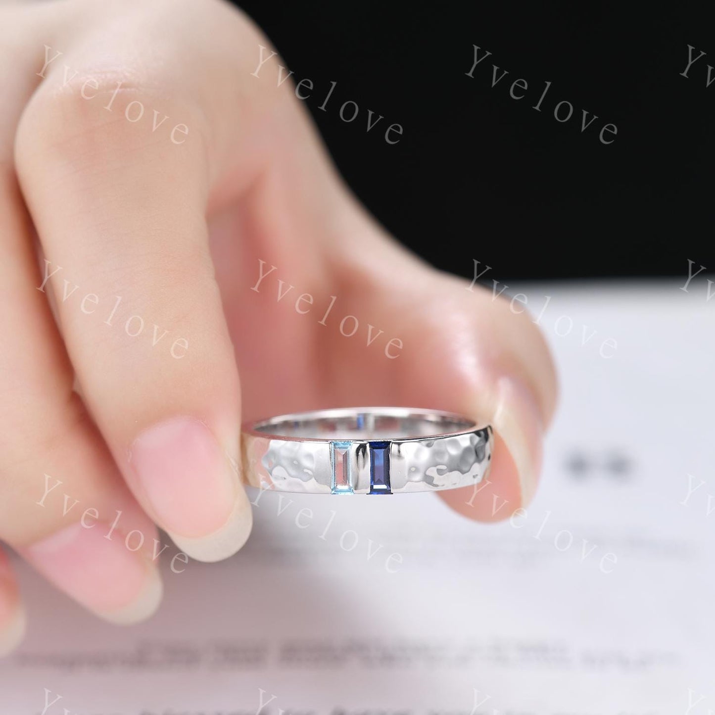Mens Alexandrite Sapphire Wedding Band Baguette Cut Alexandrite Sapphire Ring Silver Ring Hammered Stacking Matching Band Retro Vintage Gift