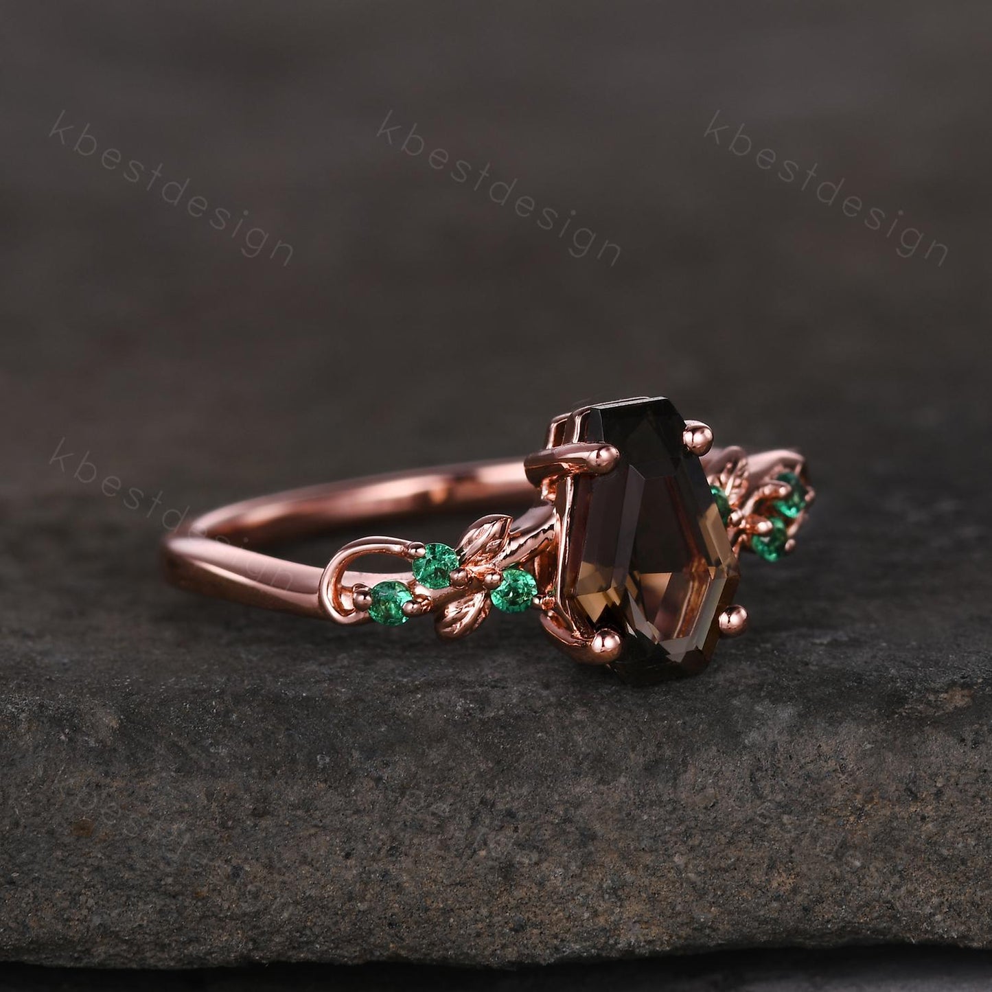 Coffin cut smoky quartz engagement ring Rose gold ring Art deco leaf design emerald wedding ring nature inspired ring bridal promise ring