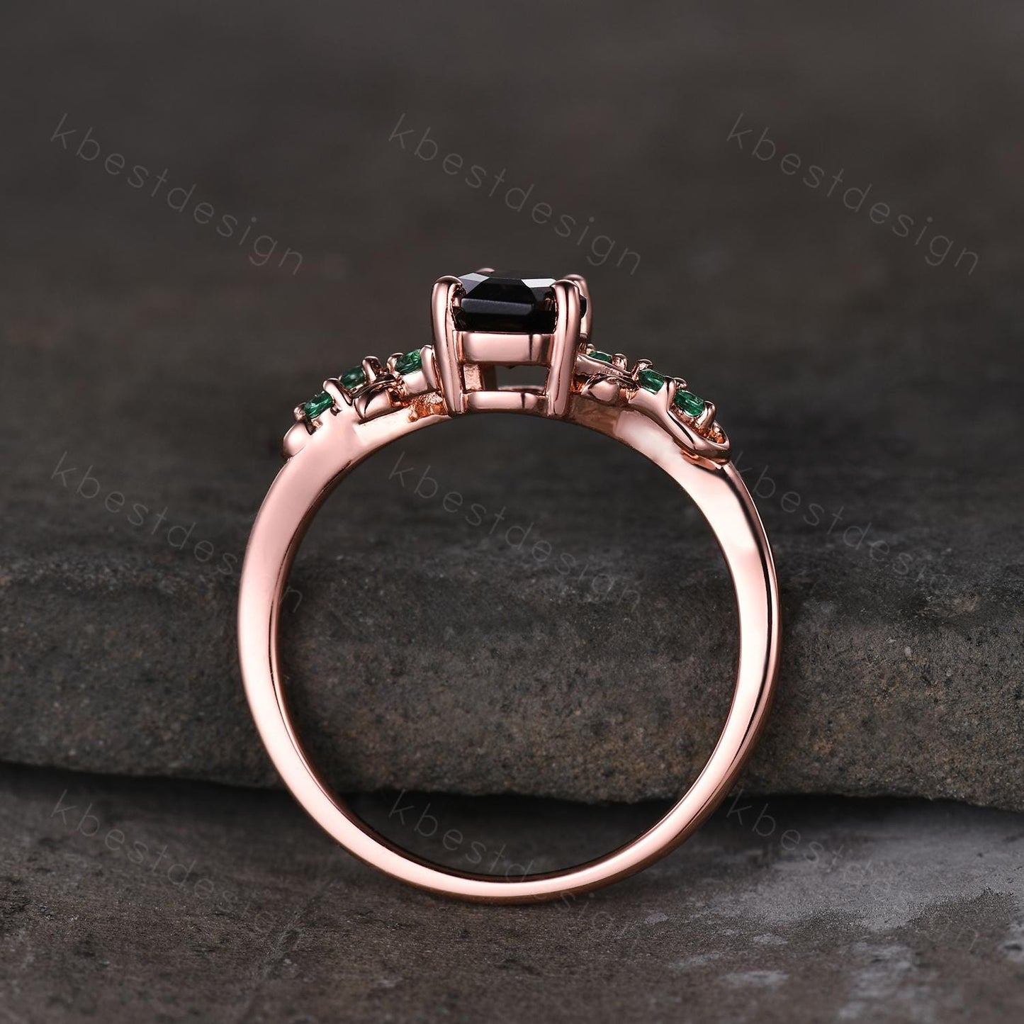 Coffin cut smoky quartz engagement ring Rose gold ring Art deco leaf design emerald wedding ring nature inspired ring bridal promise ring