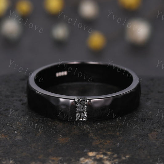 Mens Black Rutilated Quartz Wedding Band Baguette Cut Band 5mm Black Gold Ring Mens Hammered Stacking Matching Band Retro Vintage Ring Gift