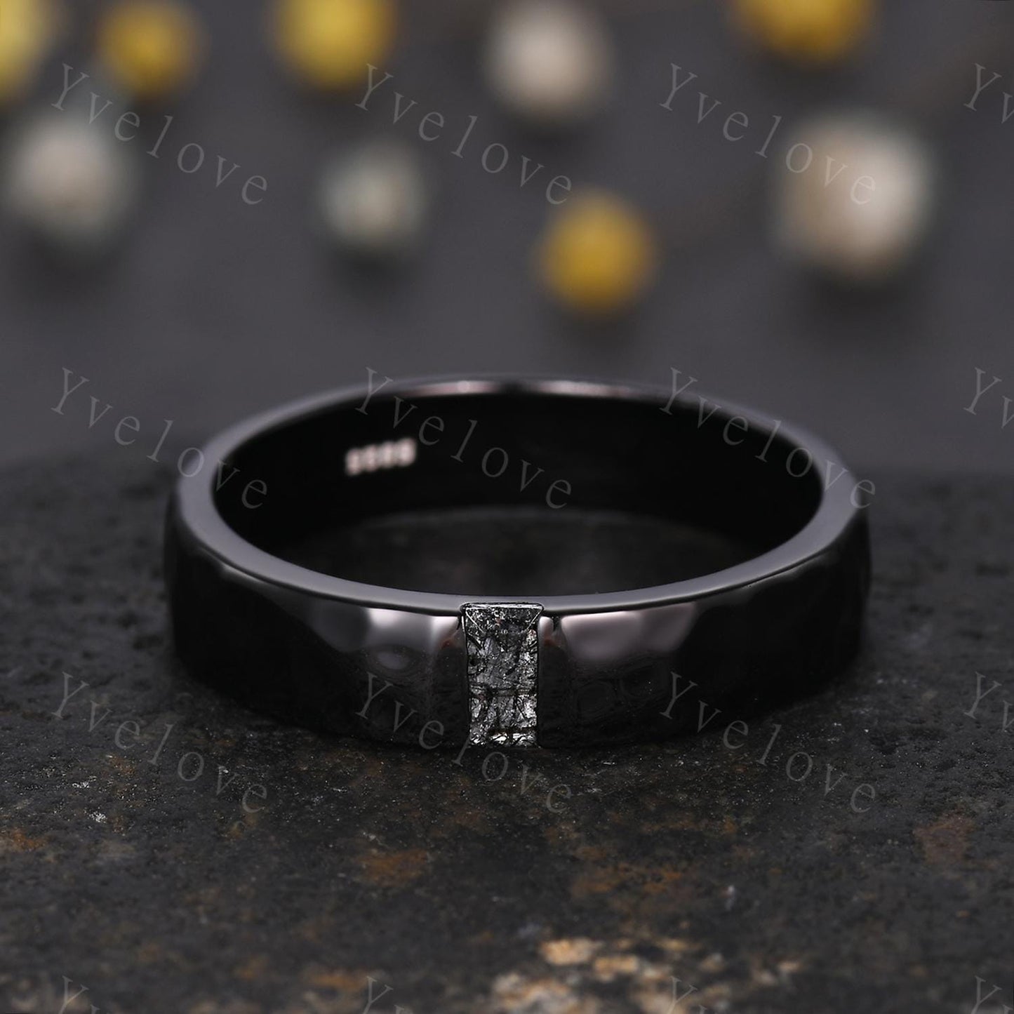 Mens Black Rutilated Quartz Wedding Band Baguette Cut Band 5mm Solid Gold Ring Mens Hammered Stacking Matching Band Retro Vintage Ring Gift