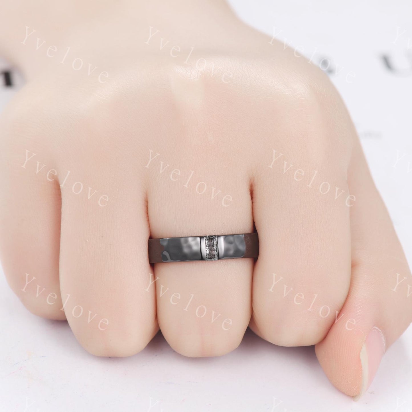 Mens Black Rutilated Quartz Wedding Band Baguette Cut Band 5mm Black Gold Ring Mens Hammered Stacking Matching Band Retro Vintage Ring Gift