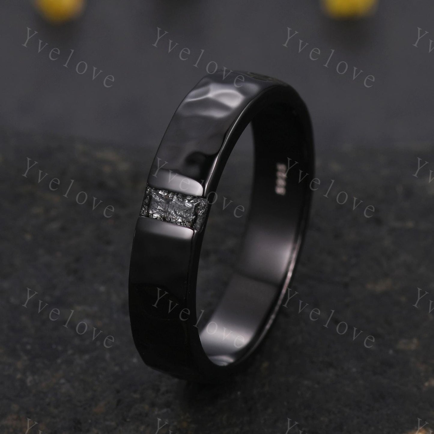 Mens Black Rutilated Quartz Wedding Band Baguette Cut Band 5mm Black Gold Ring Mens Hammered Stacking Matching Band Retro Vintage Ring Gift