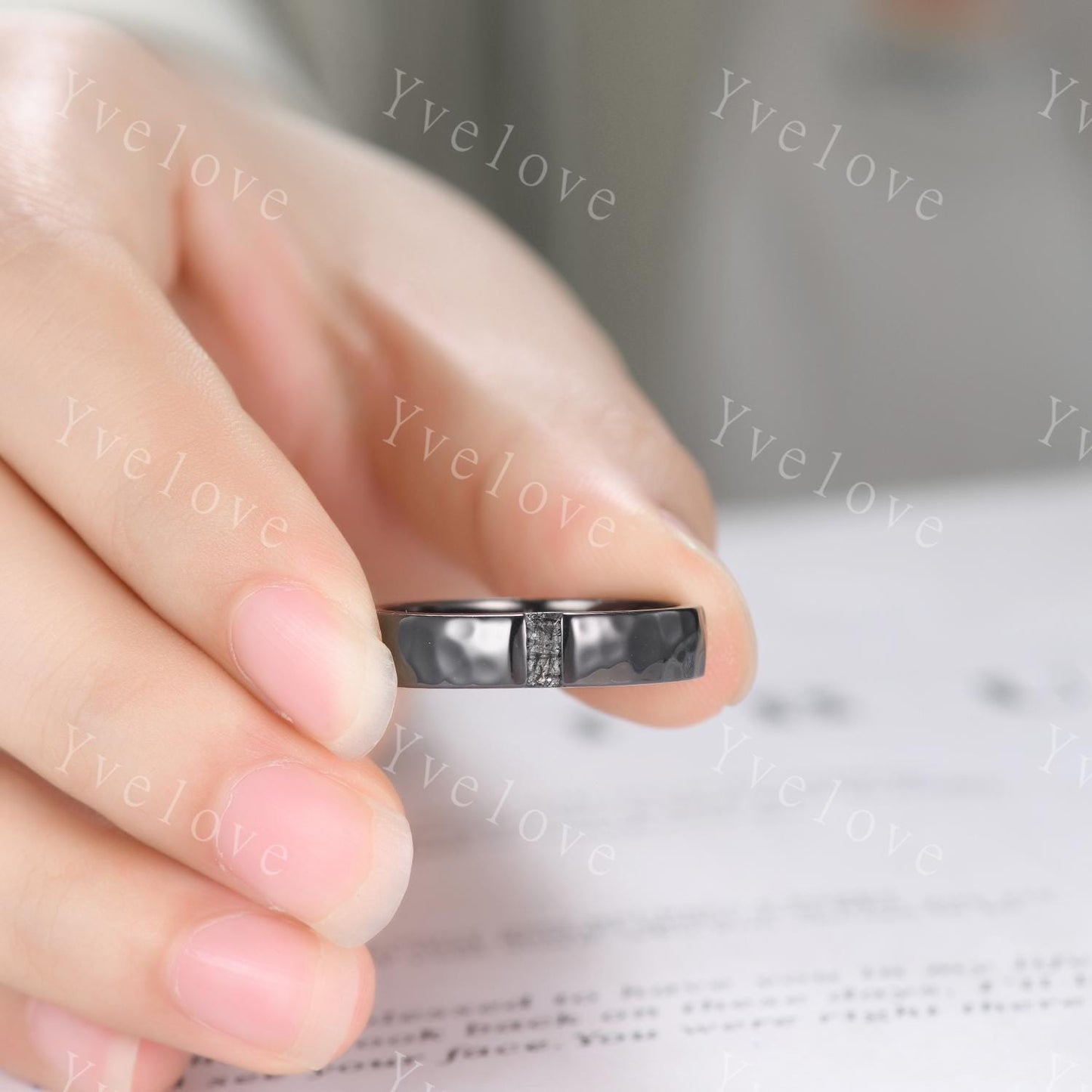 Mens Black Rutilated Quartz Wedding Band Baguette Cut Band 5mm Black Gold Ring Mens Hammered Stacking Matching Band Retro Vintage Ring Gift