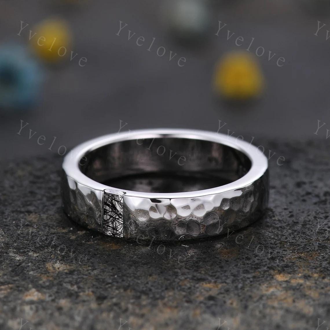 Mens Black Rutilated Quartz Wedding Band Baguette Cut Band 5mm Black Gold Ring Mens Hammered Stacking Matching Band Retro Vintage Ring Gift