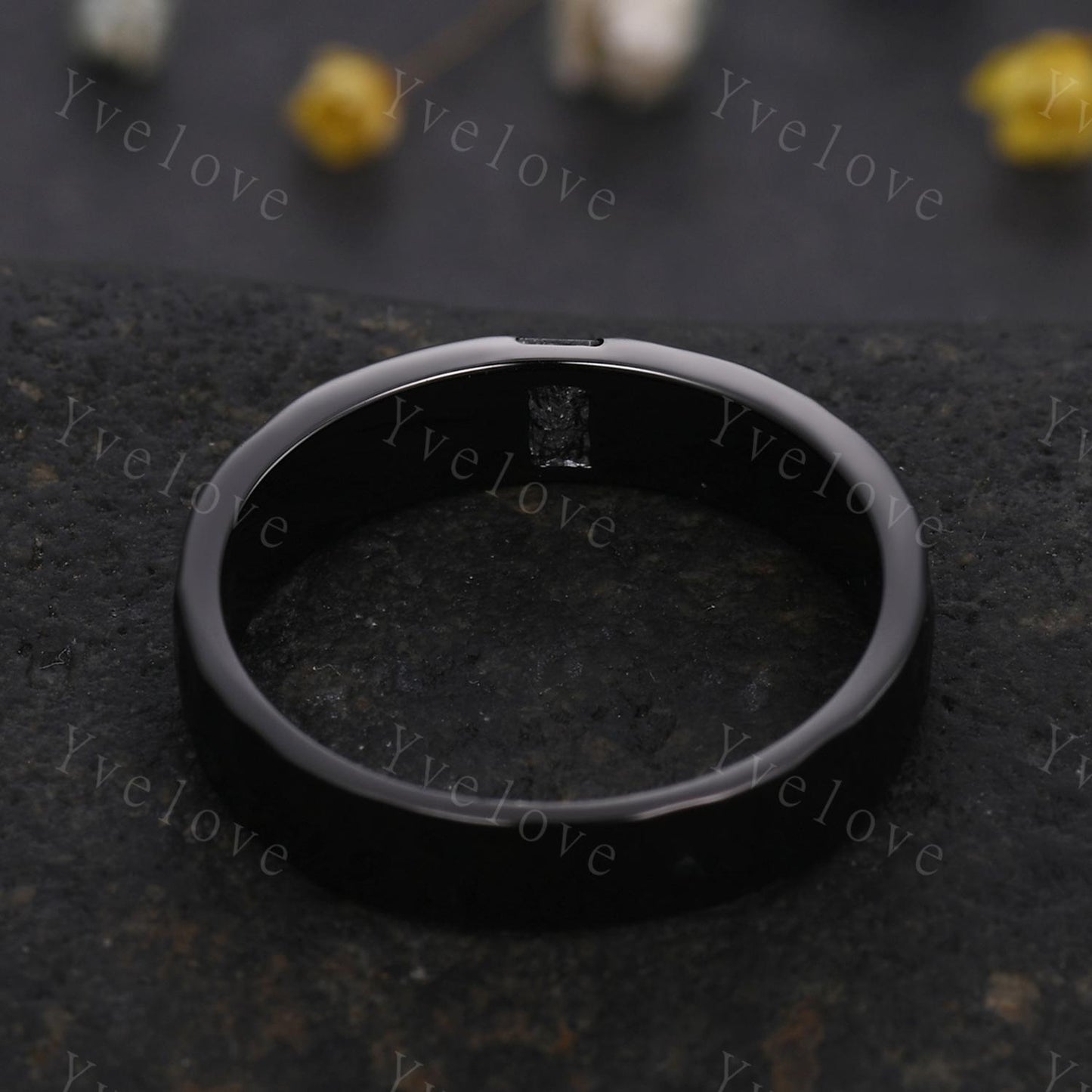Mens Black Rutilated Quartz Wedding Band Baguette Cut Band 5mm Black Gold Ring Mens Hammered Stacking Matching Band Retro Vintage Ring Gift