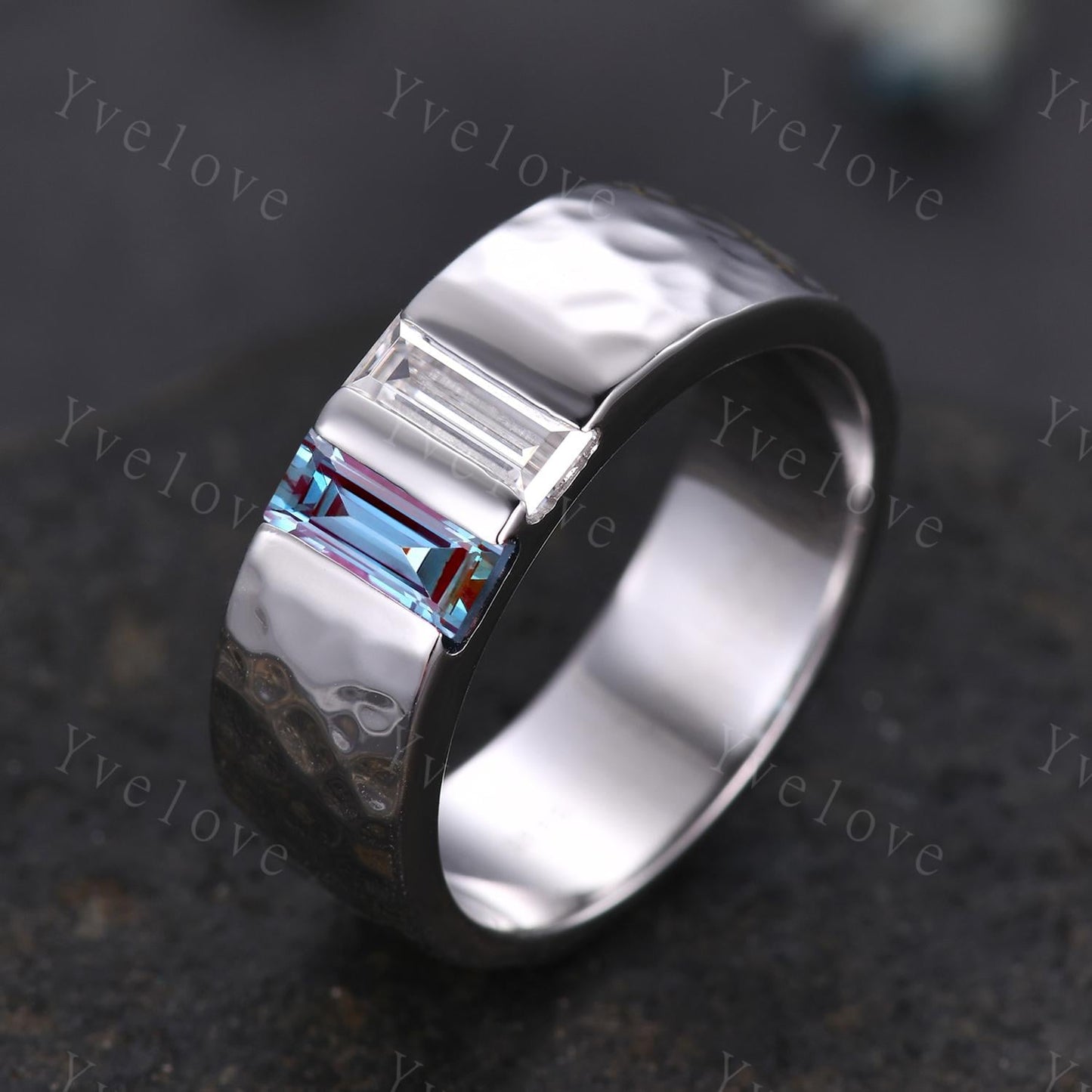 7mm Mens Alexandrite Wedding Band Baguette Alexandrite Moissanite Band Silver Ring Mens Hammered Stacking Matching Band Retro Vintage Gift