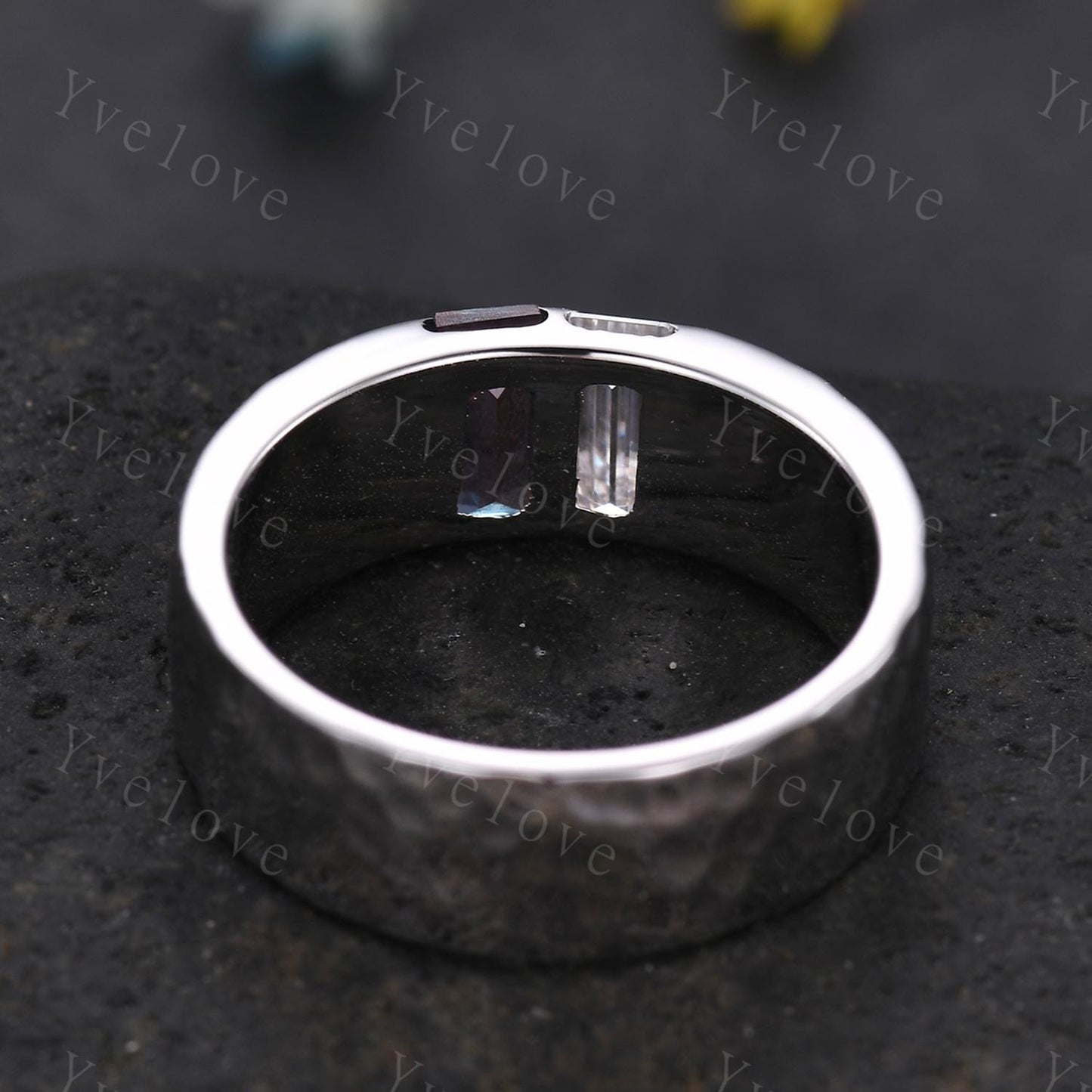 7mm Mens Alexandrite Wedding Band Baguette Alexandrite Moissanite Band Silver Ring Mens Hammered Stacking Matching Band Retro Vintage Gift