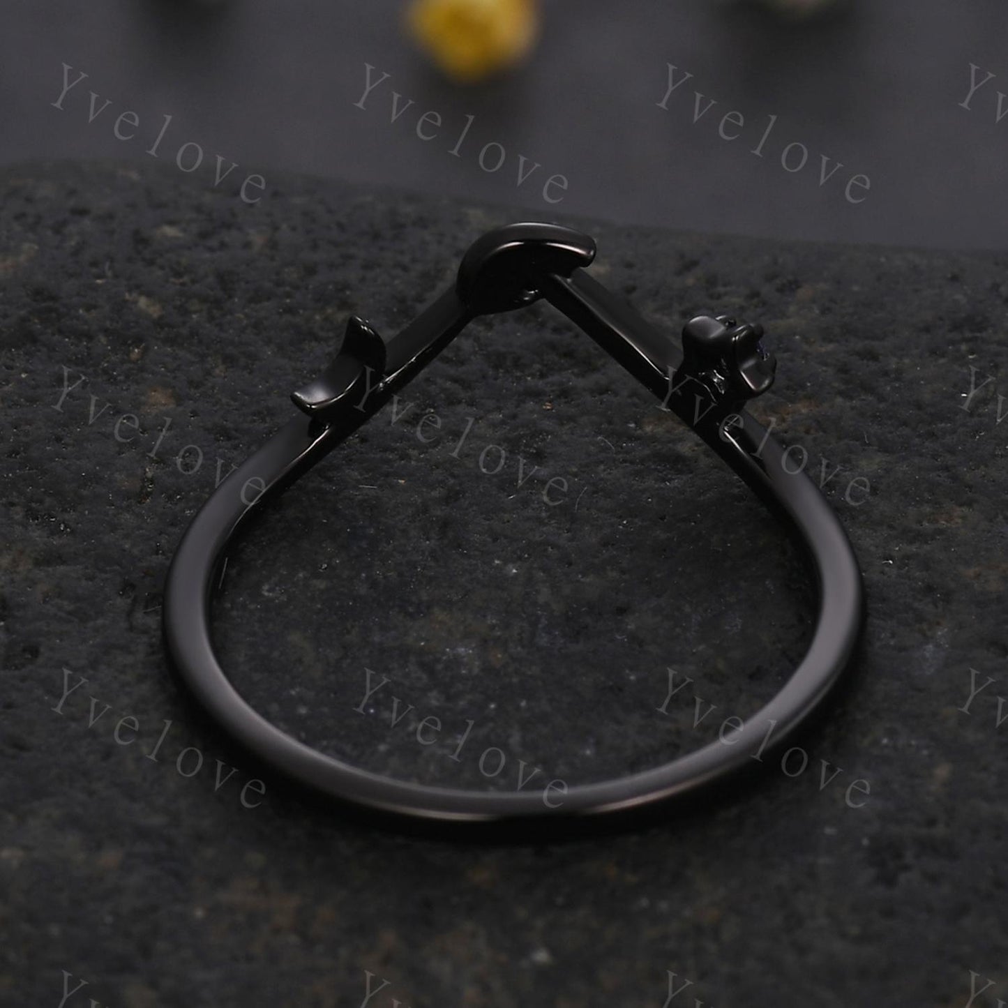 Retro Amethyst Engagement Ring,Moon Ring Leaf Matching Band,Women Vine Band,Gothic V Curved Branch Wedding Band,Black Gold Wedding Band Gift