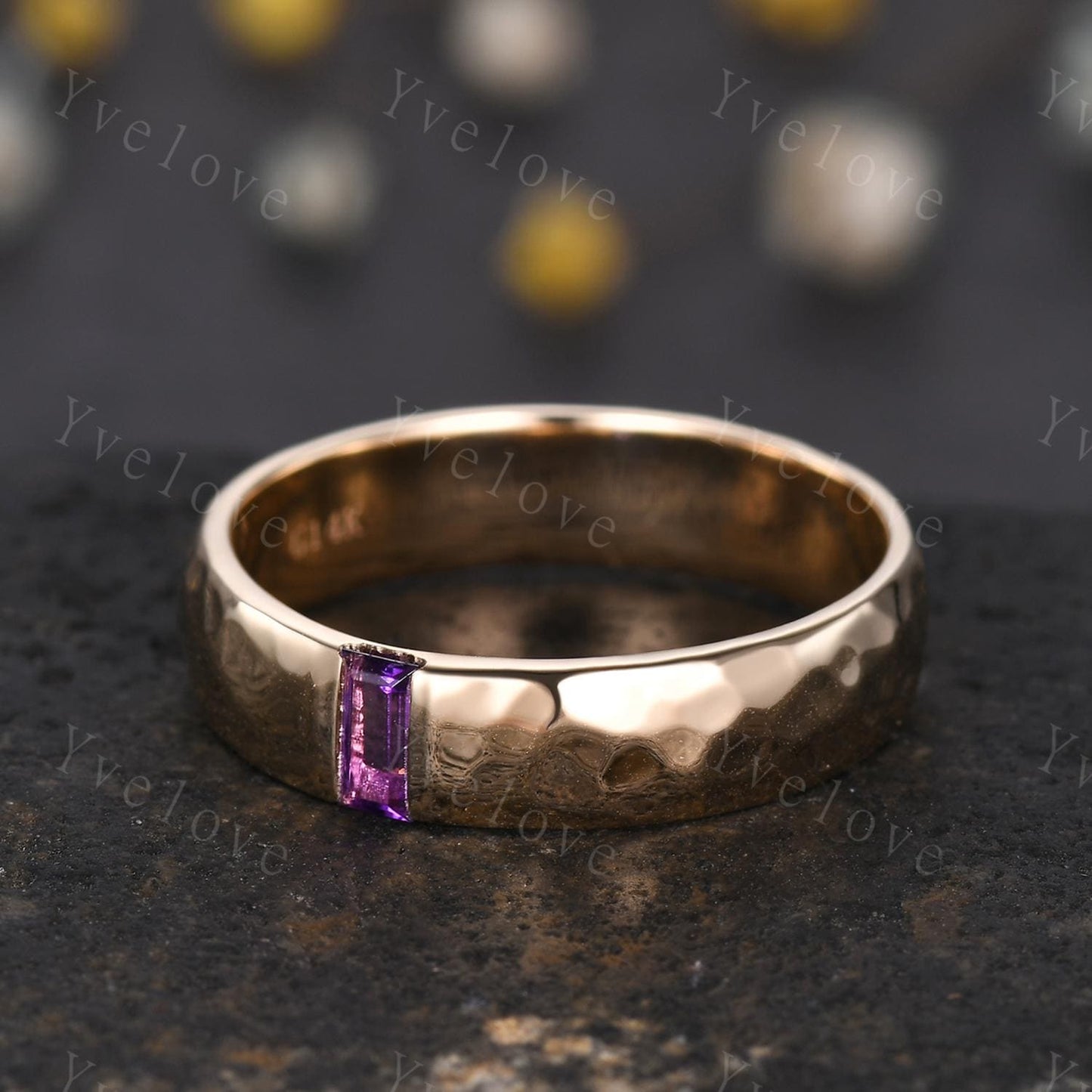 Mens Amethyst Wedding Band Baguette Cut Amethyst Band 5mm Solid Gold Ring Mens Hammered Stacking Matching Band Retro Vintage Ring Gift