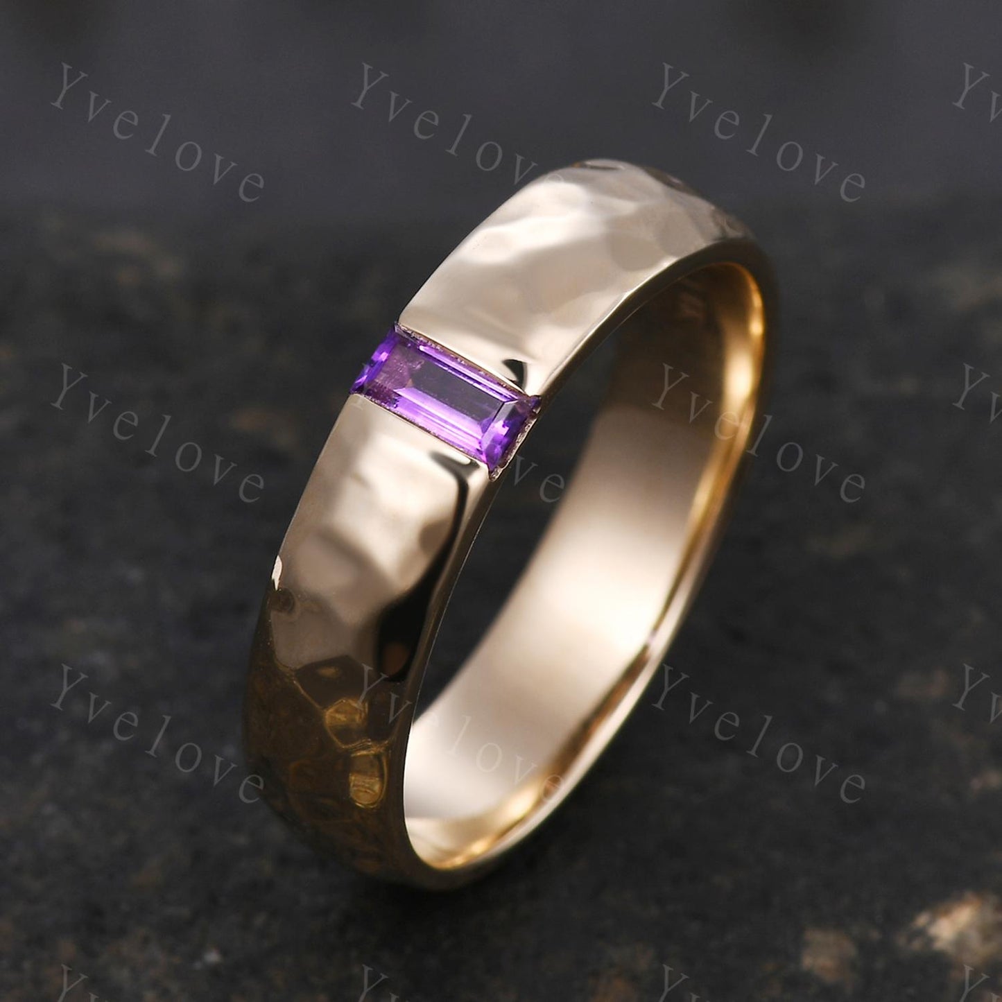 Mens Amethyst Wedding Band Baguette Cut Amethyst Band 5mm Solid Gold Ring Mens Hammered Stacking Matching Band Retro Vintage Ring Gift