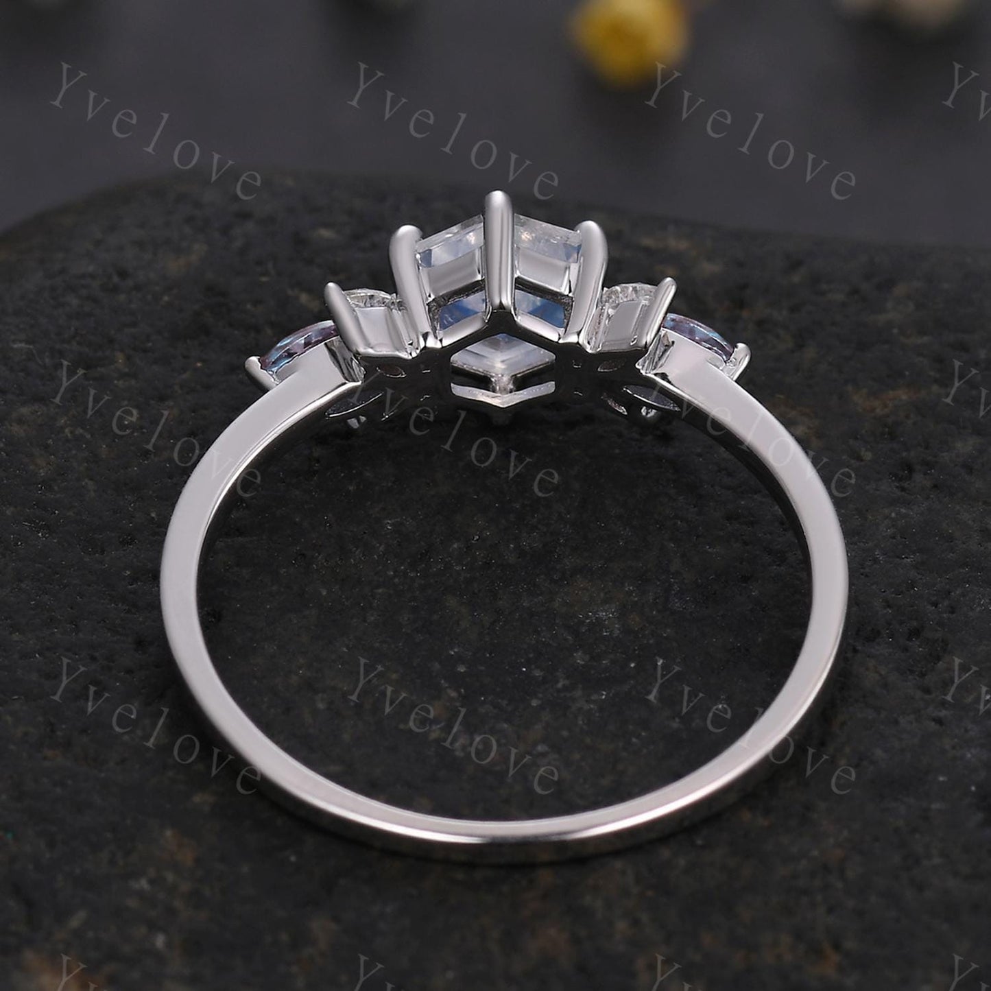 Vintage Hexagon Moonstone Engagement Ring White Gold Women Marquise Moissanite Alexandirte Gems Matching Stacking Band Promise Bridal Ring