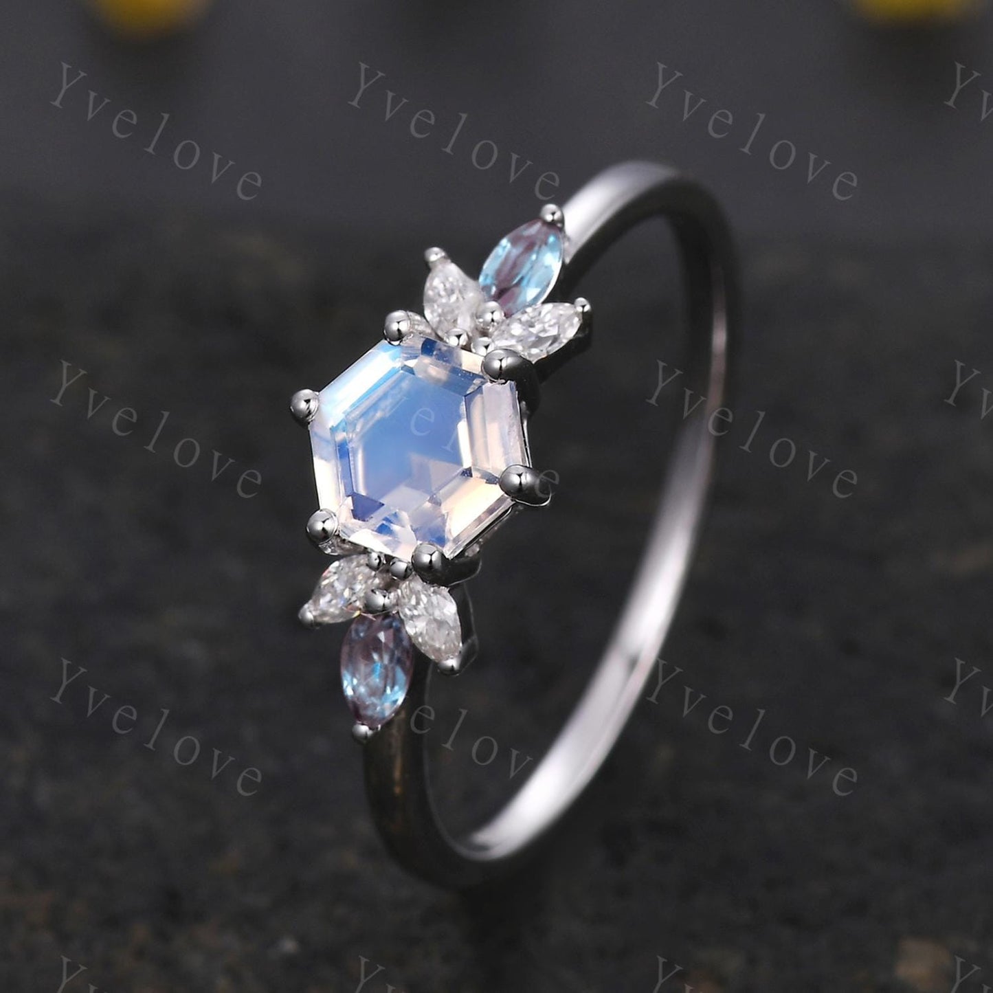 Vintage Hexagon Moonstone Engagement Ring White Gold Women Marquise Moissanite Alexandirte Gems Matching Stacking Band Promise Bridal Ring