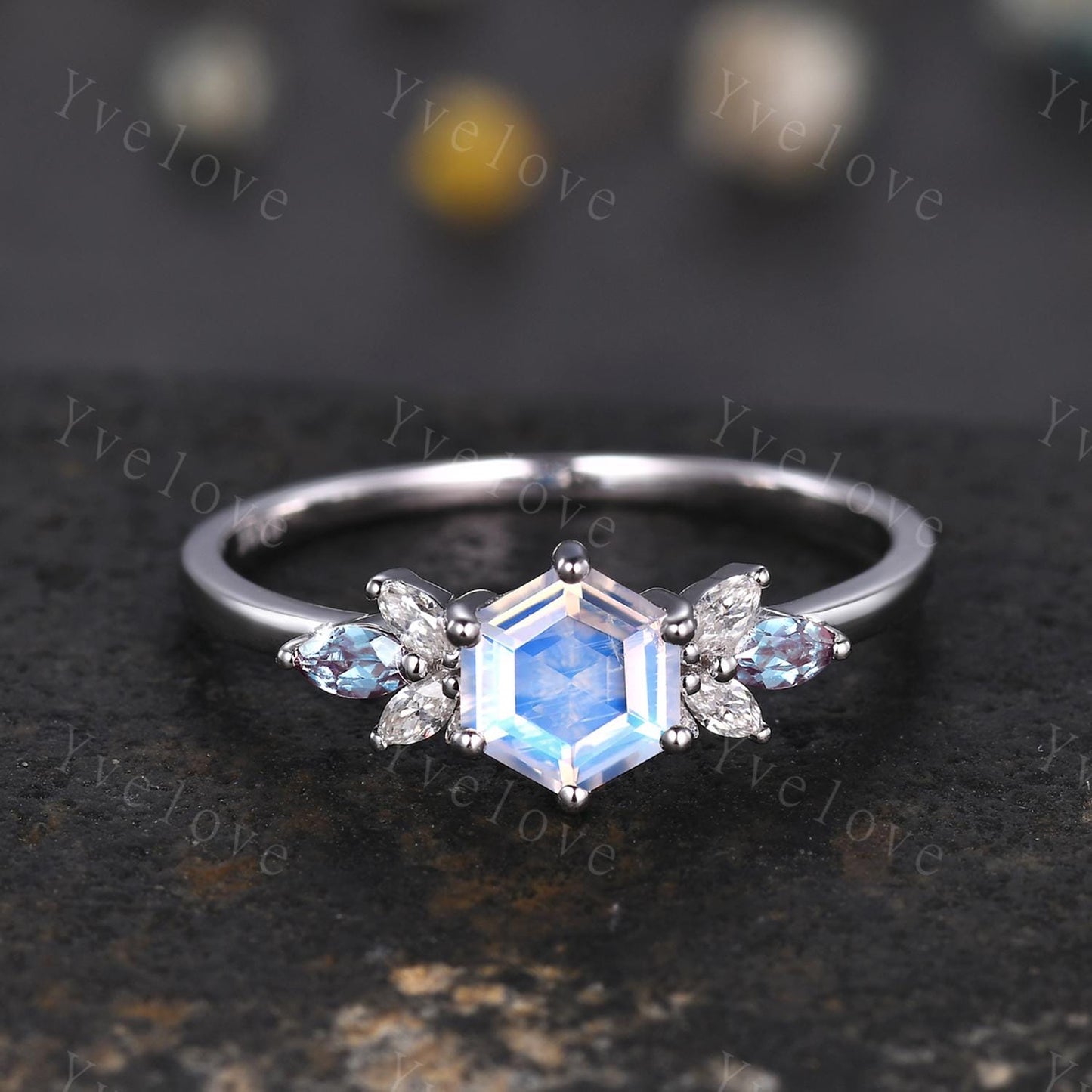 Vintage Hexagon Moonstone Engagement Ring White Gold Women Marquise Moissanite Alexandirte Gems Matching Stacking Band Promise Bridal Ring