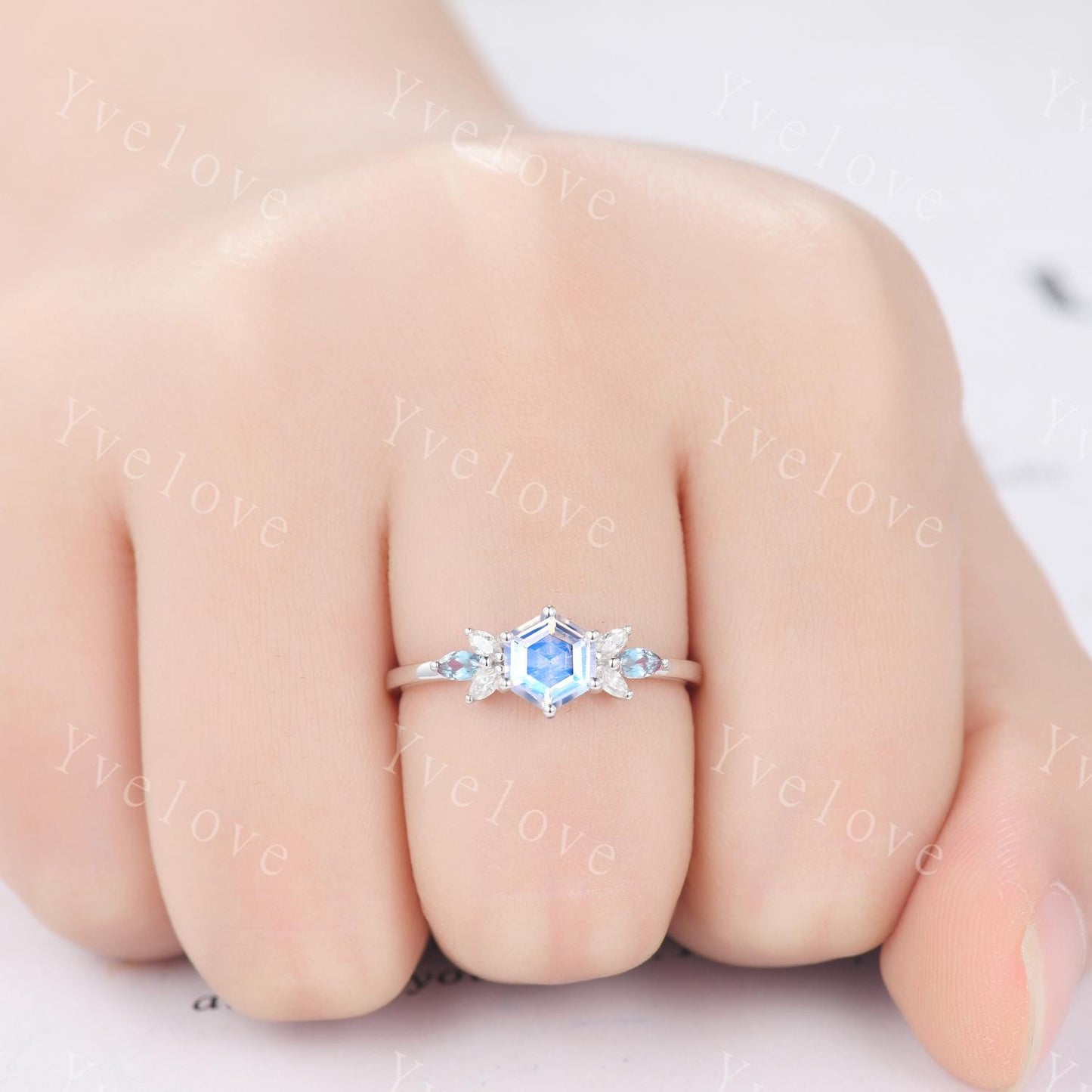 Vintage Hexagon Moonstone Engagement Ring White Gold Women Marquise Moissanite Alexandirte Gems Matching Stacking Band Promise Bridal Ring