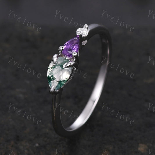 Unique Moss Agate Amethyst Engagement Ring,Pear Cut Gems,Art Deco Diamond Wedding Band,3 Stone Unique Women Bridal Promise Ring,Customized